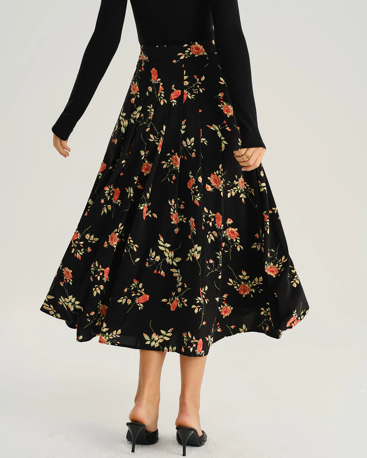 Black Floral A-Line Midi Skirt - Image 3