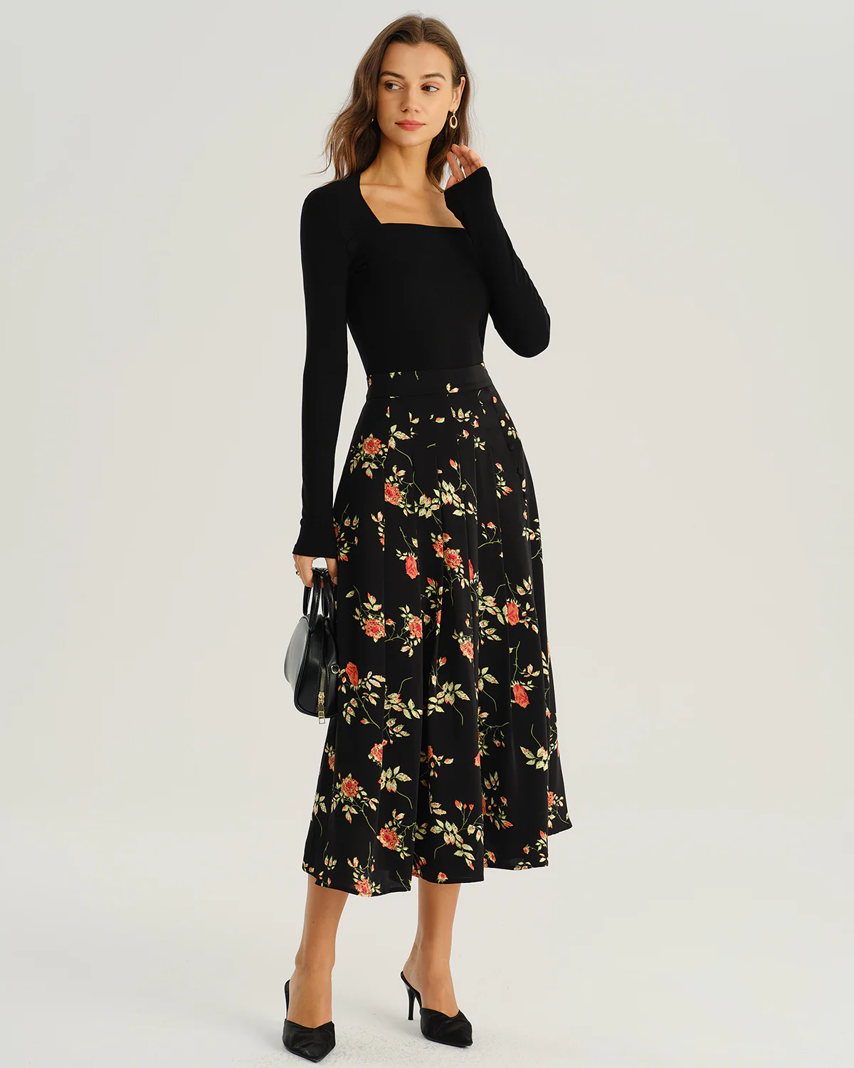 Black Floral A-Line Midi Skirt - Image 4