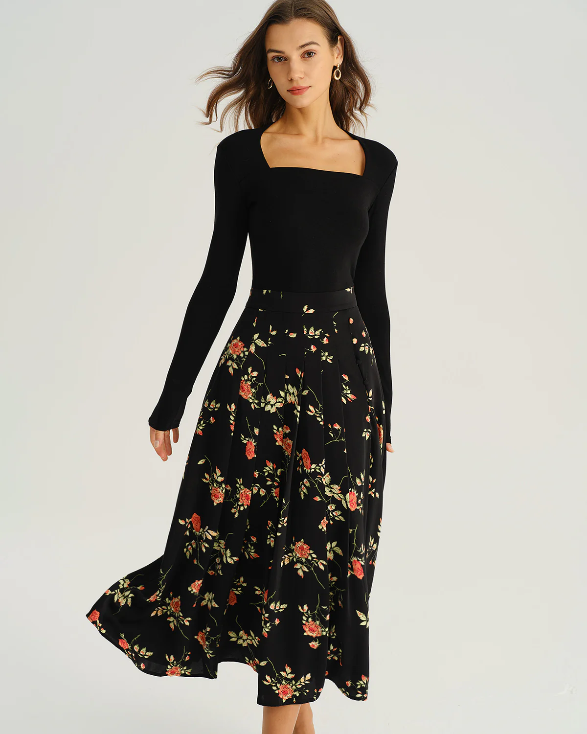 Black Floral A-Line Midi Skirt - Image 5