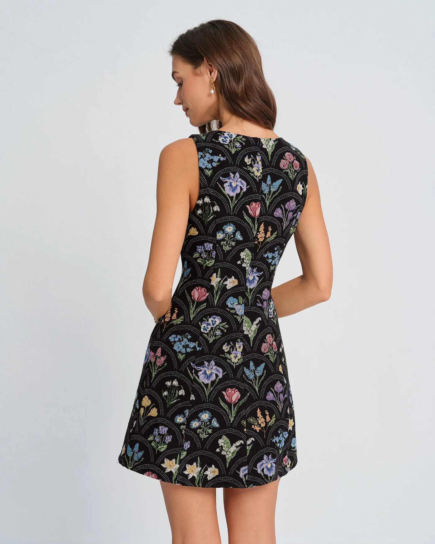 Black Floral Boat Neck Mini Dress - Image 3