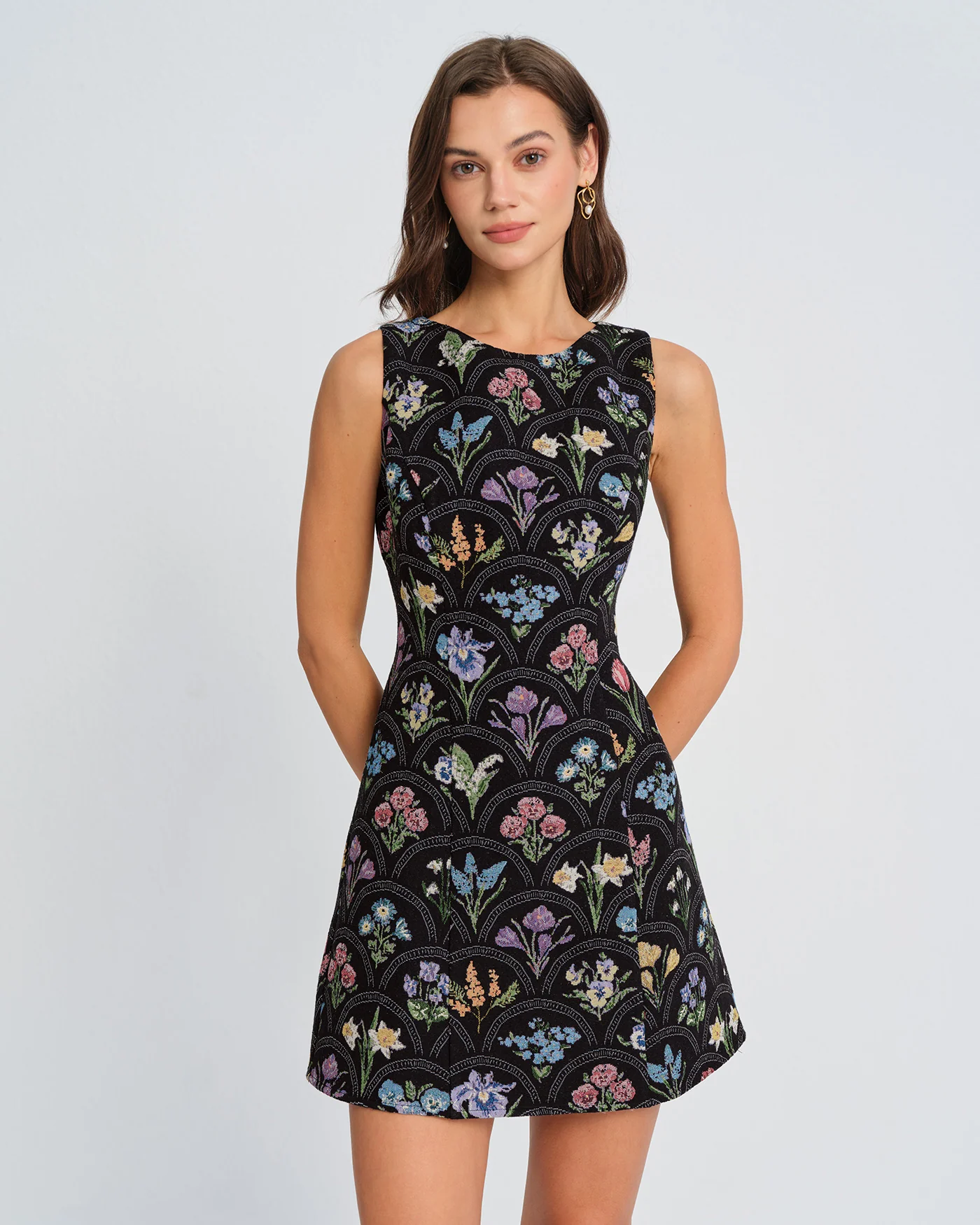 Black Floral Boat Neck Mini Dress - Image 4