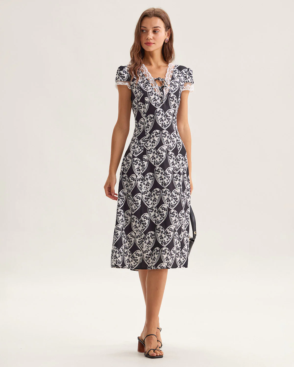 Black Floral Lace Trim Midi Dress - Image 3