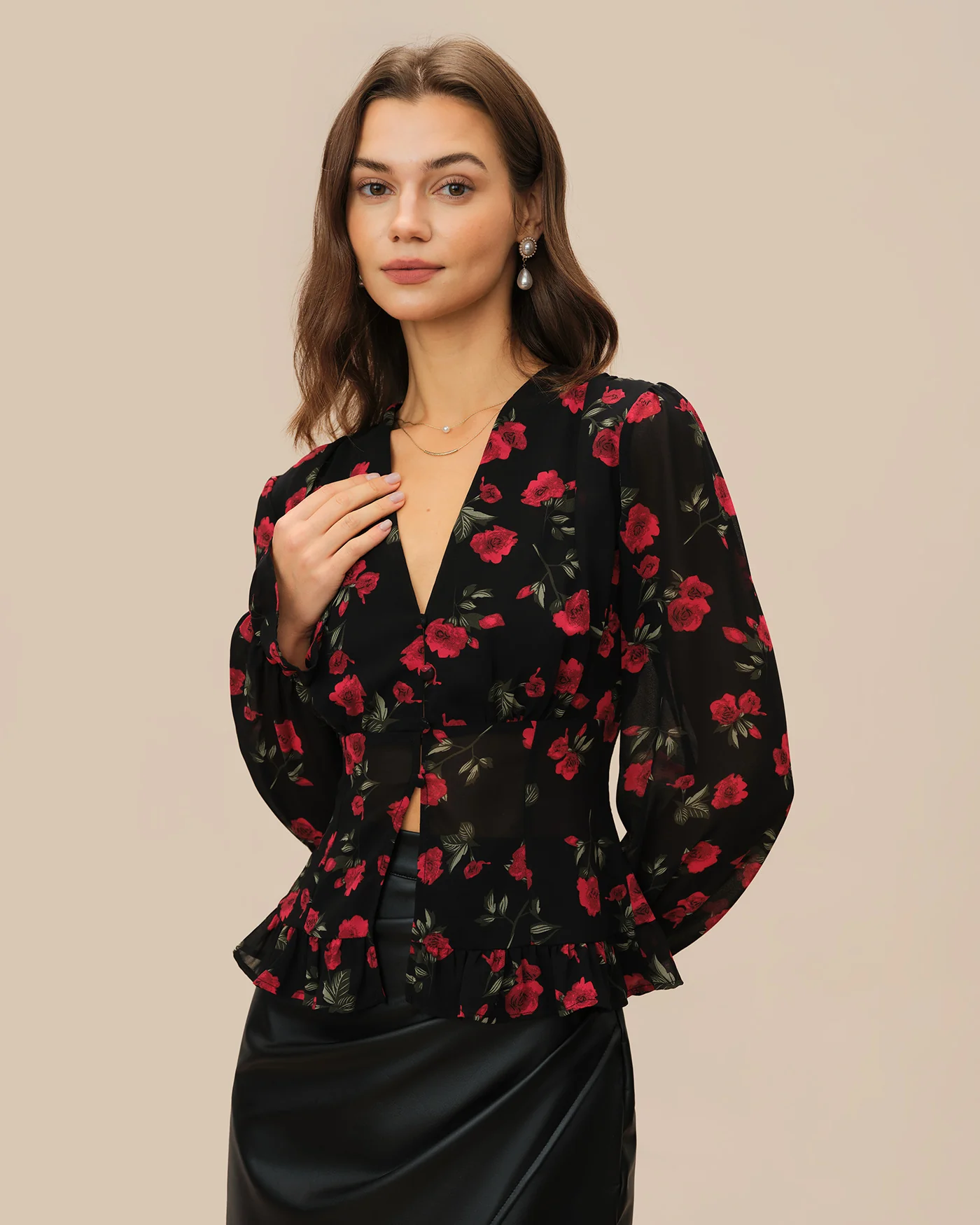 Black Floral V Neck Blouse - Image 2
