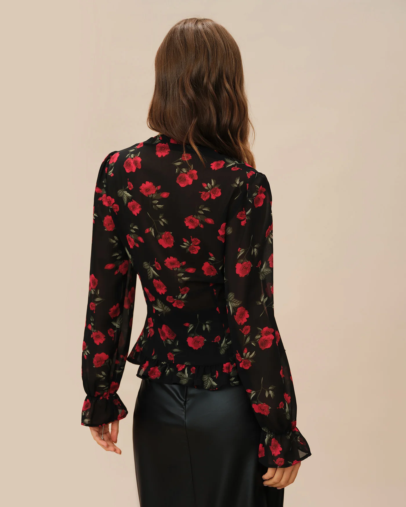 Black Floral V Neck Blouse - Image 3