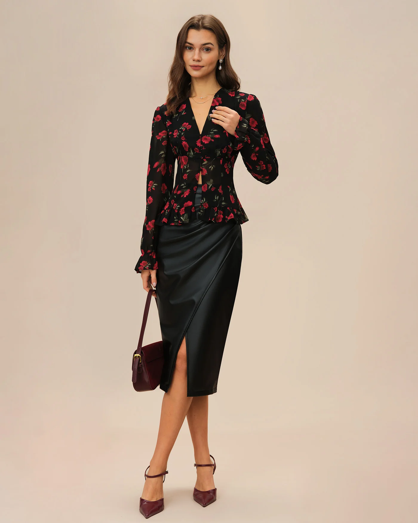 Black Floral V Neck Blouse - Image 5