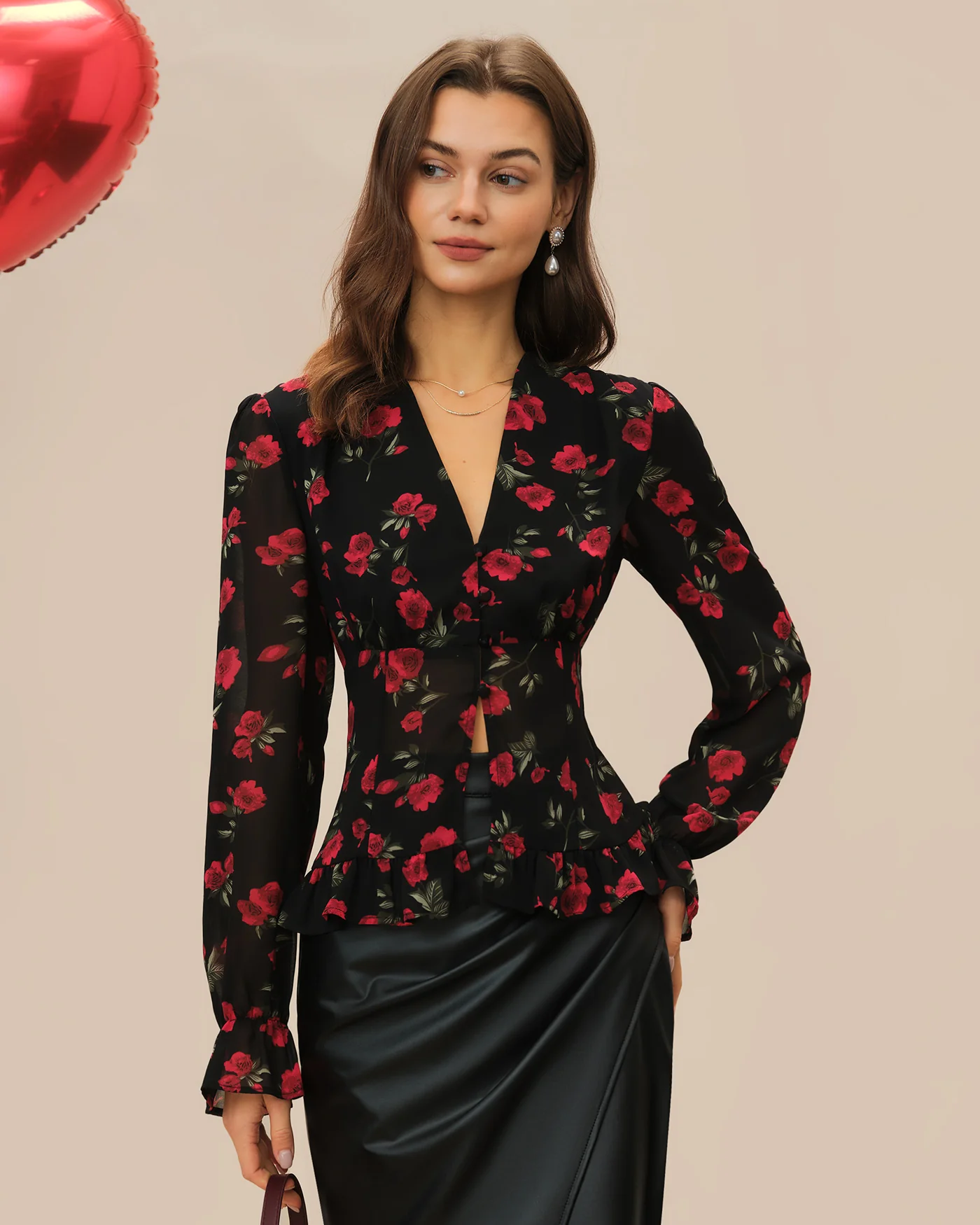 Black Floral V Neck Blouse - Image 6