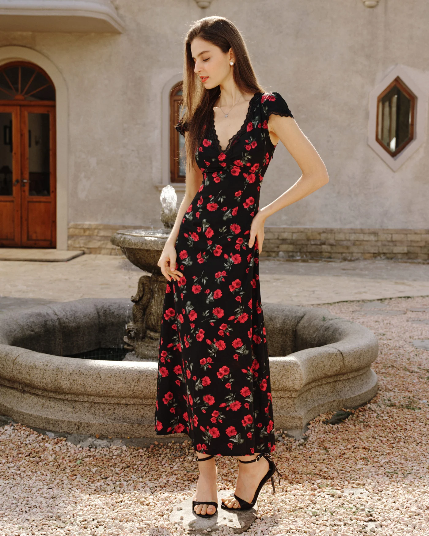 Black Floral V Neck Maxi Dress - Image 3