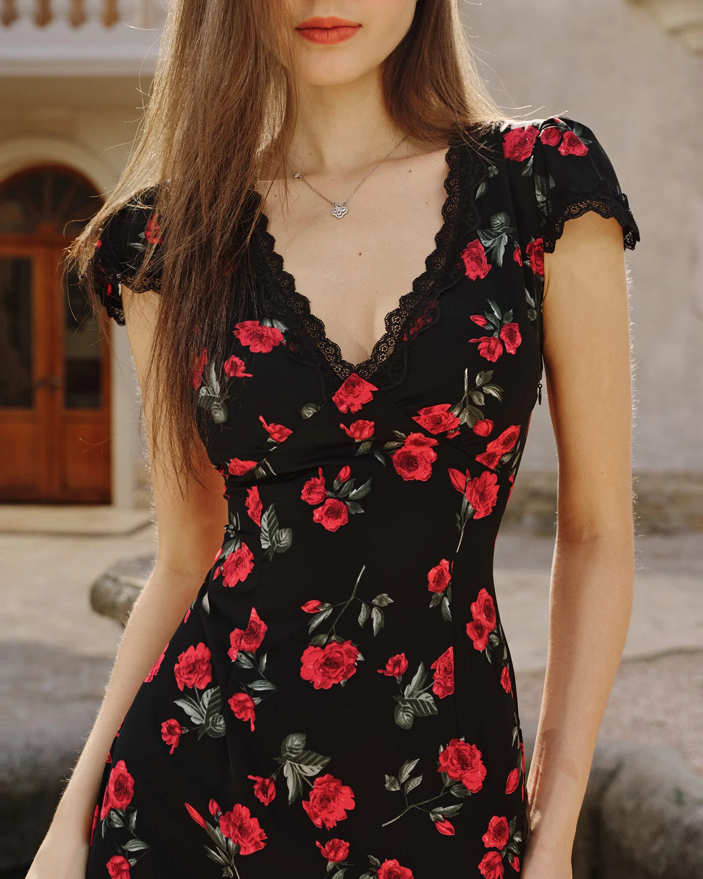 Black Floral V Neck Maxi Dress - Image 4