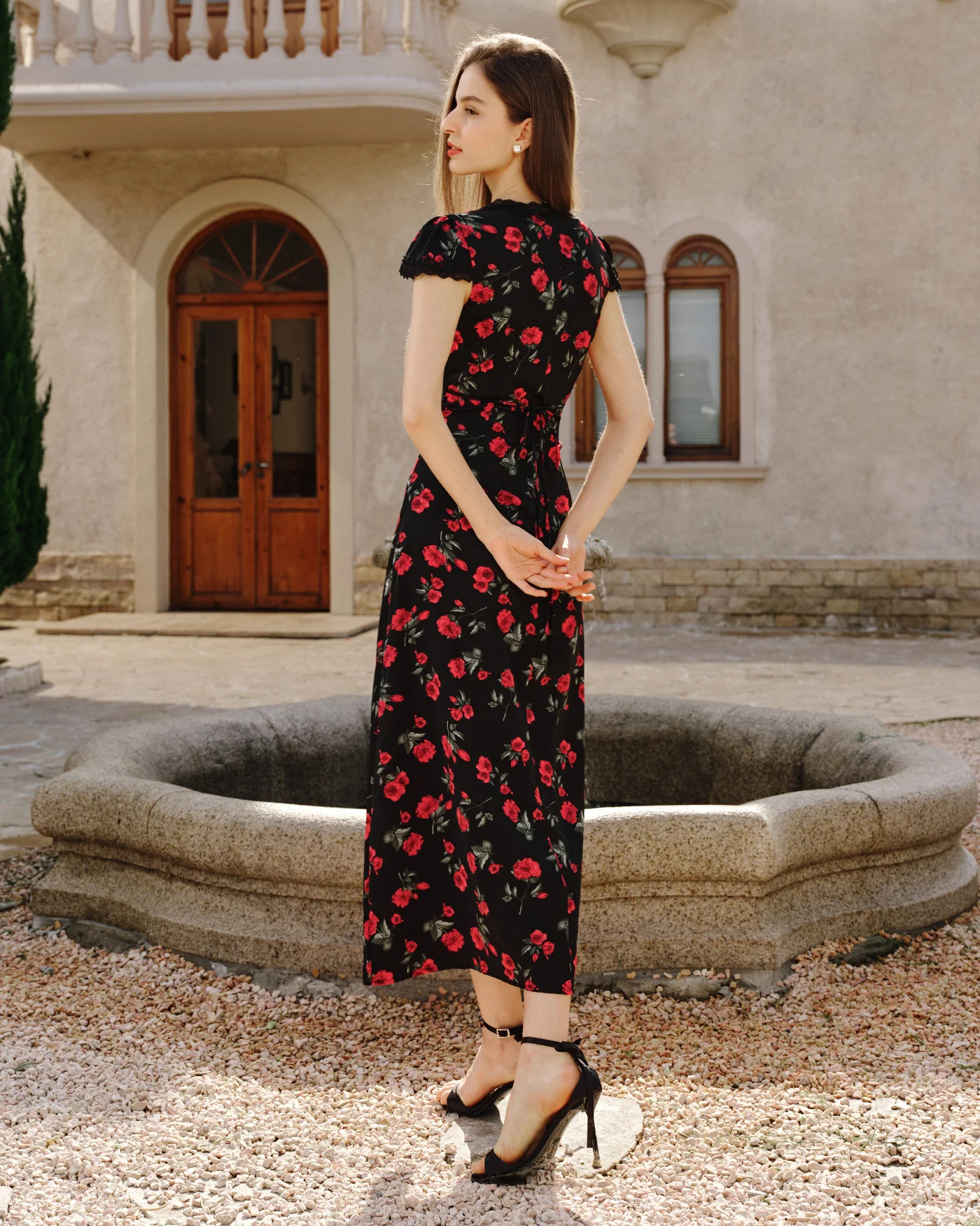 Black Floral V Neck Maxi Dress - Image 5