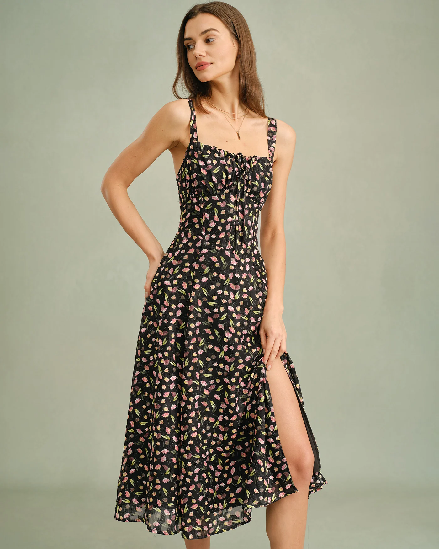 Black Floral Zipper Slip Midi Dress - Image 3