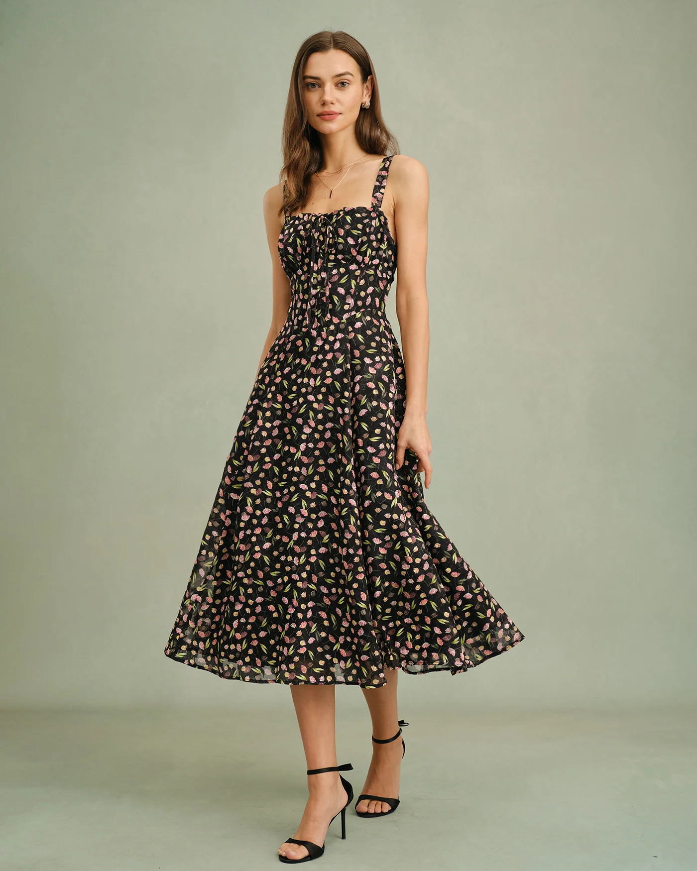 Black Floral Zipper Slip Midi Dress - Image 4