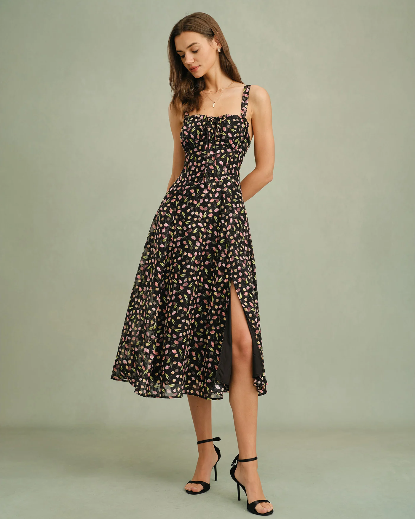 Black Floral Zipper Slip Midi Dress - Image 5