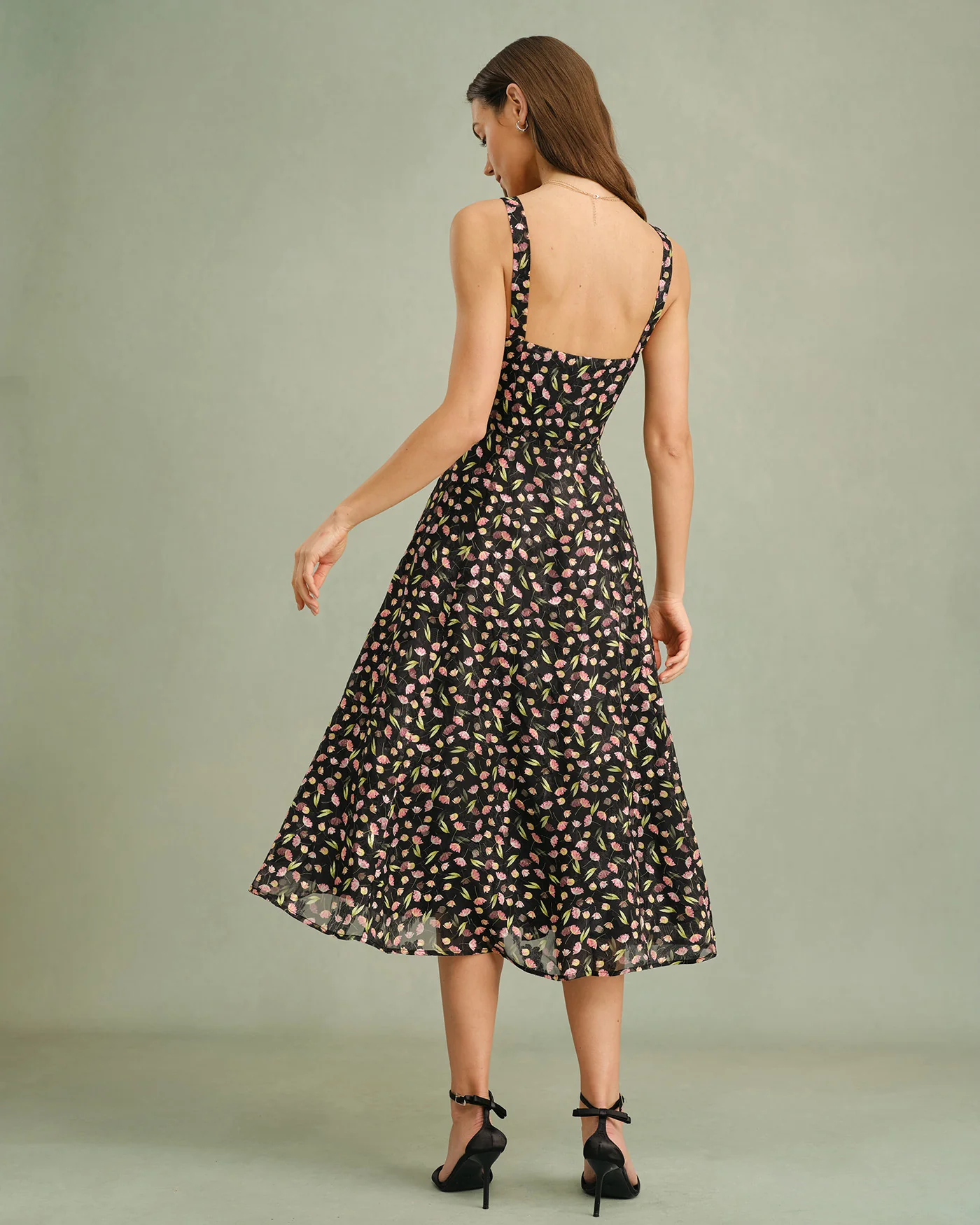 Black Floral Zipper Slip Midi Dress - Image 6