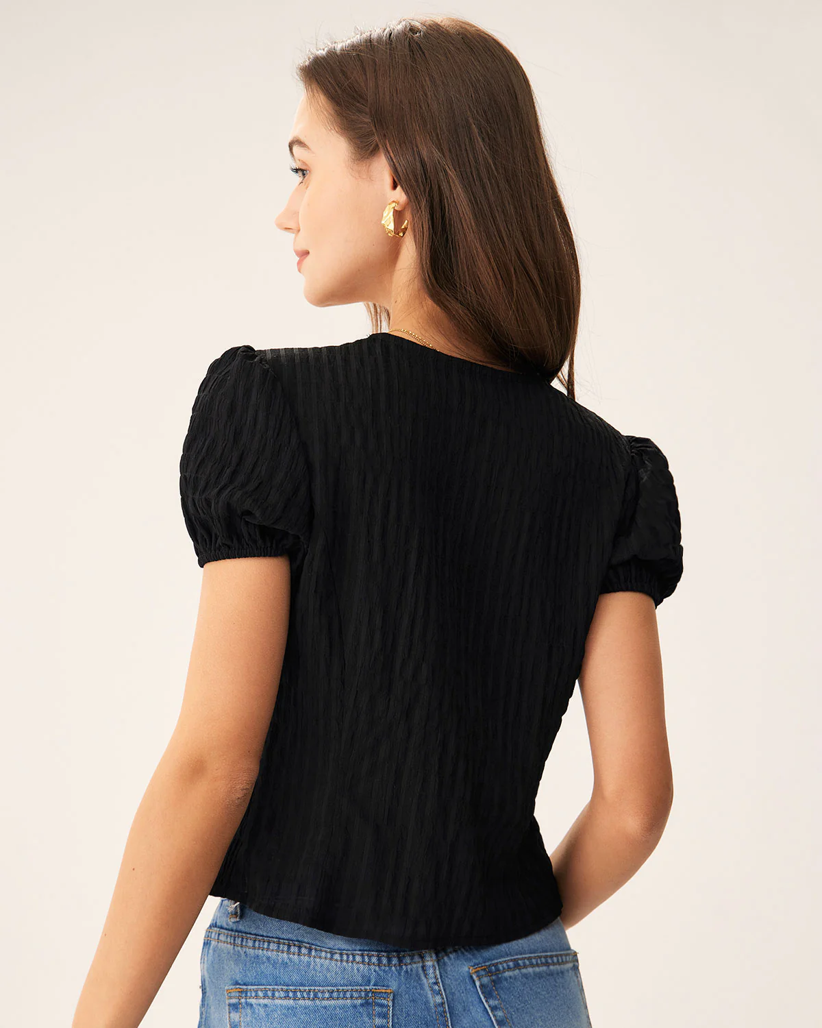 Black Jacquard Lace Button Blouse - Image 3