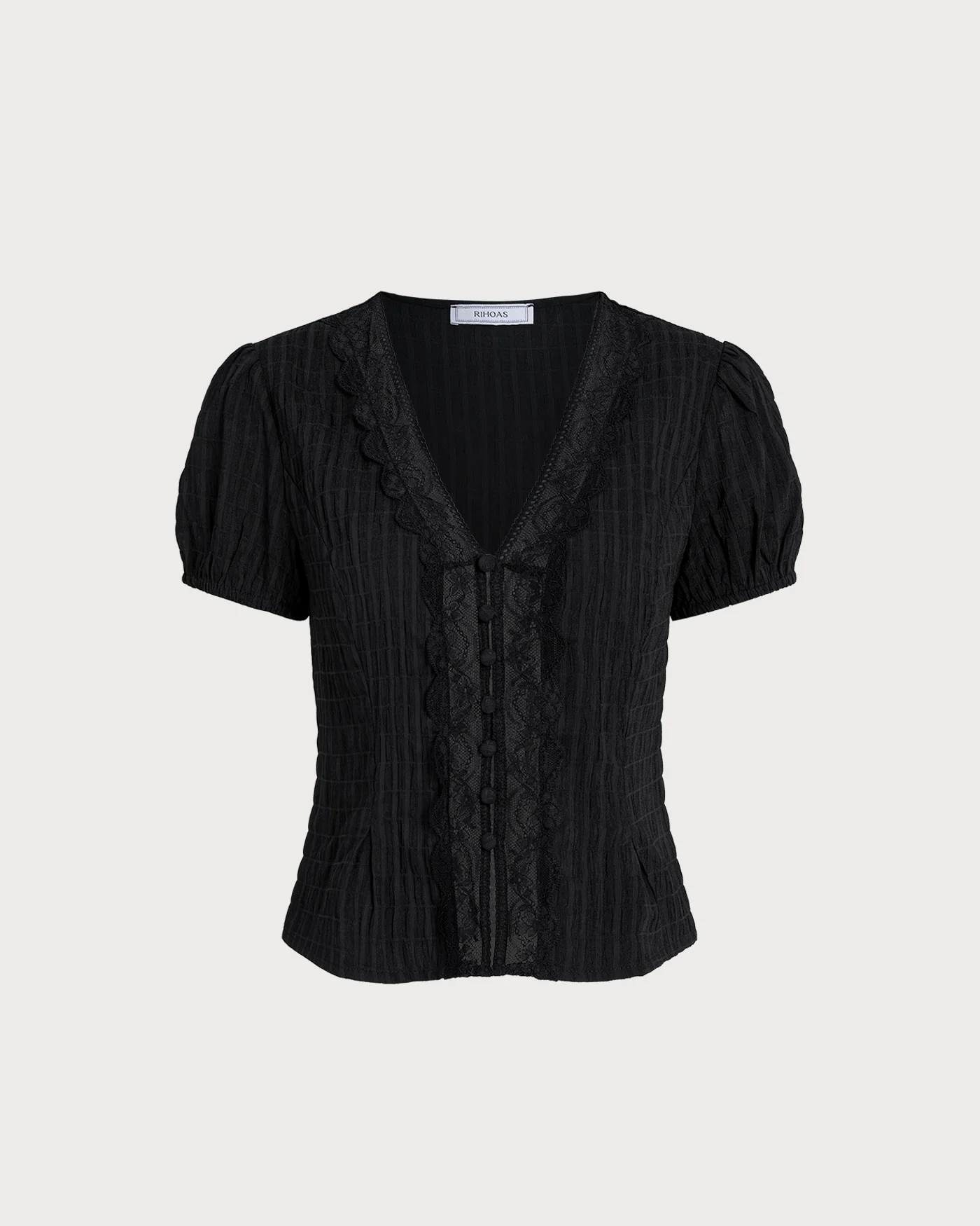 Black Jacquard Lace Button Blouse - Image 5