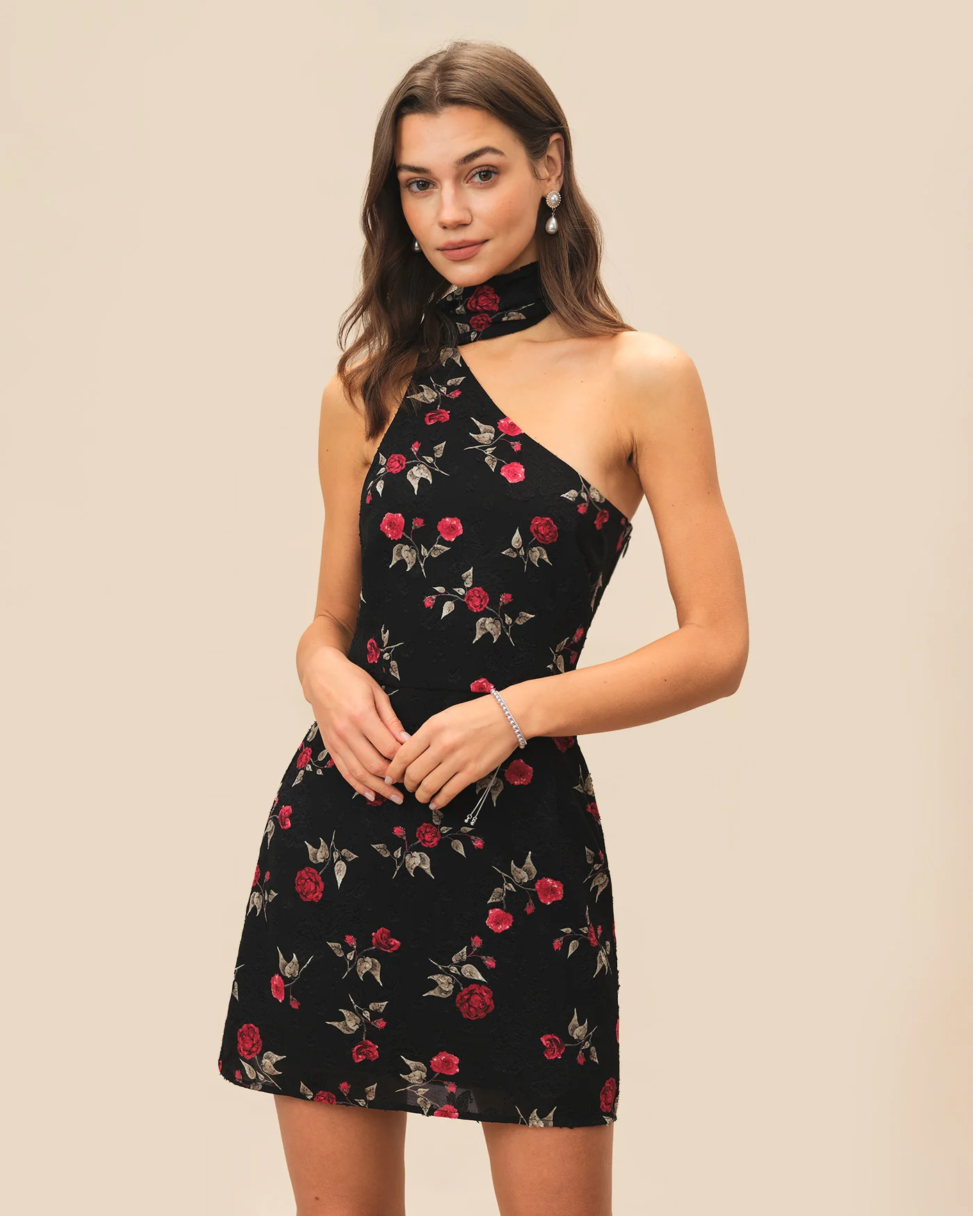 Black Jacquard One Shoulder Mini Dress - Image 2