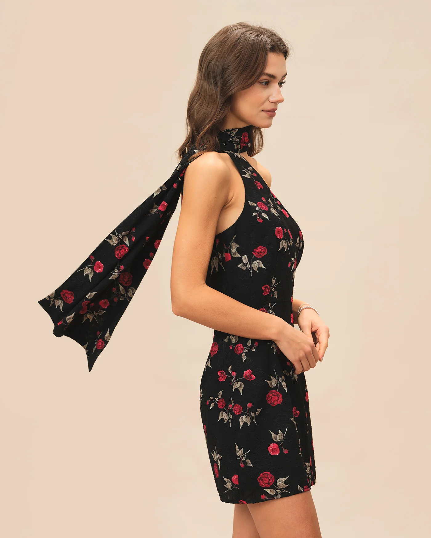 Black Jacquard One Shoulder Mini Dress - Image 3