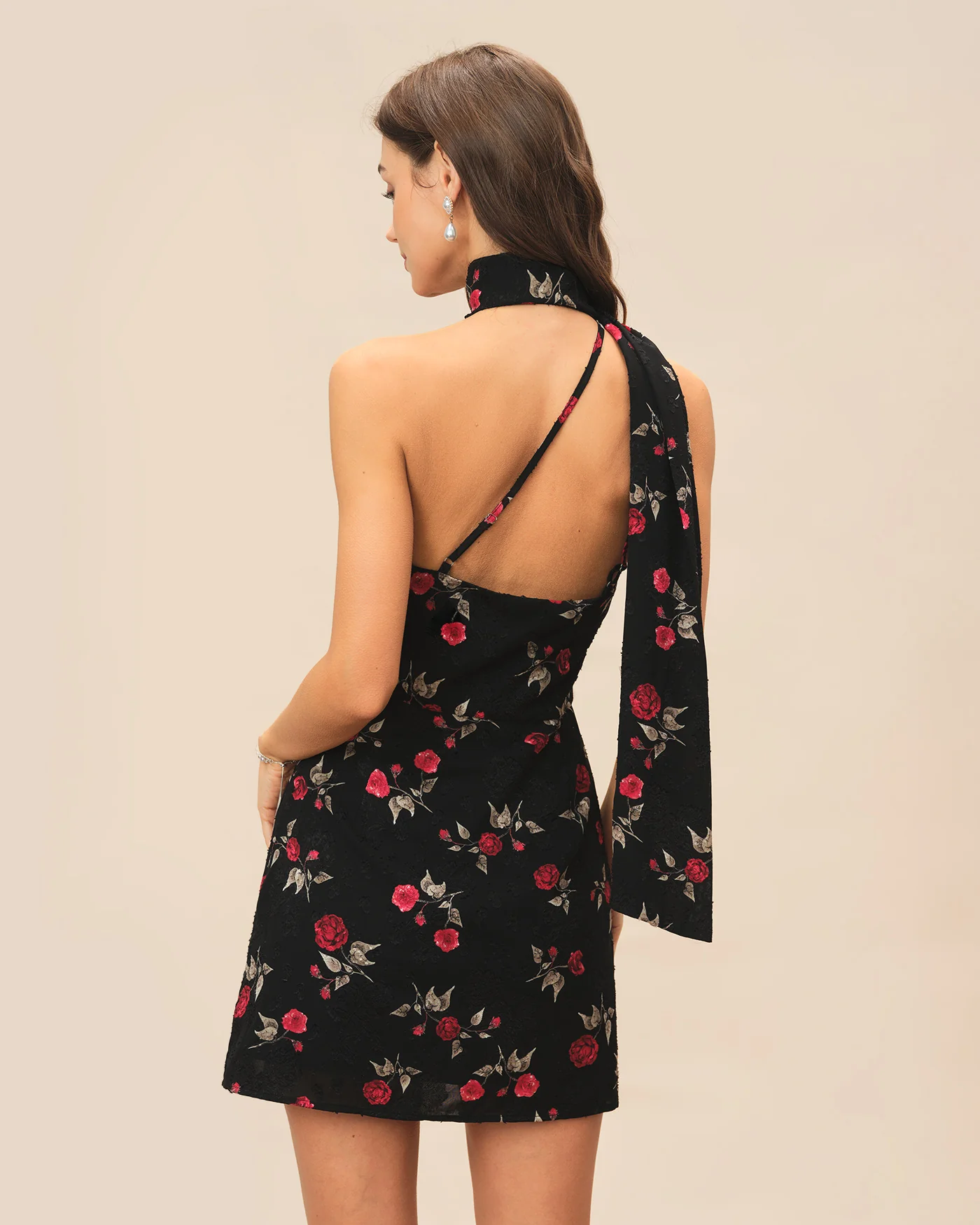 Black Jacquard One Shoulder Mini Dress - Image 4