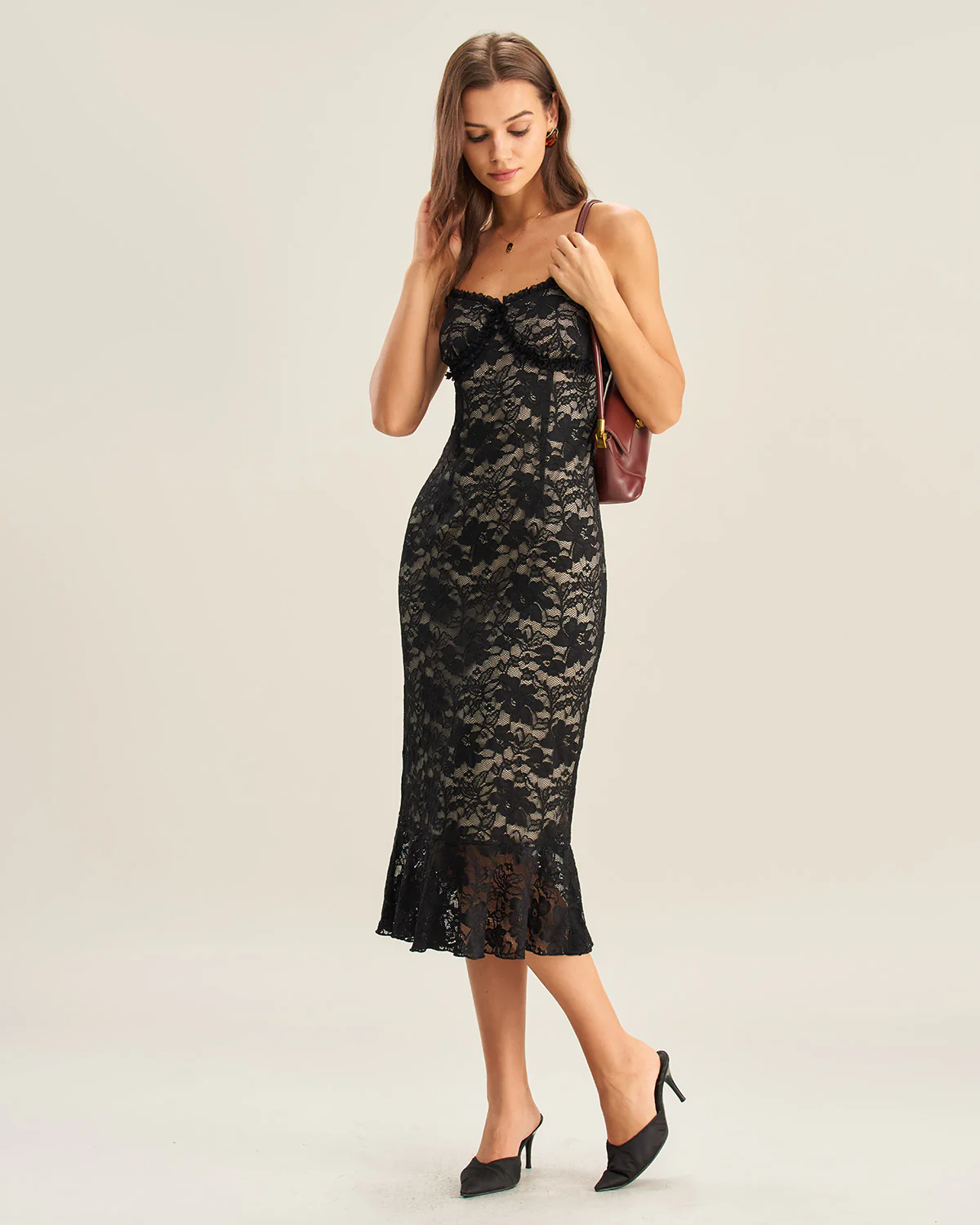 Black Lace Mermaid Slip Midi Dress - Image 5