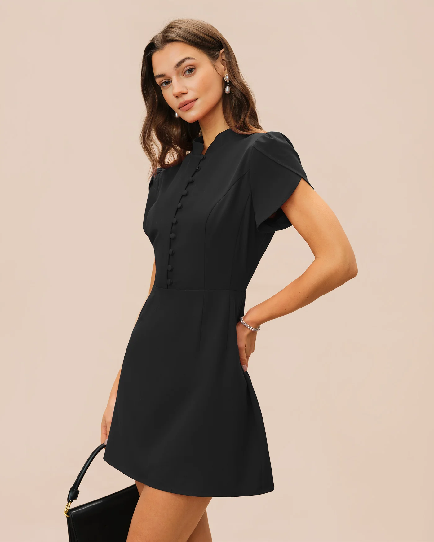 Black Mandarin Collar Petal Sleeve Mini Dress - Image 3