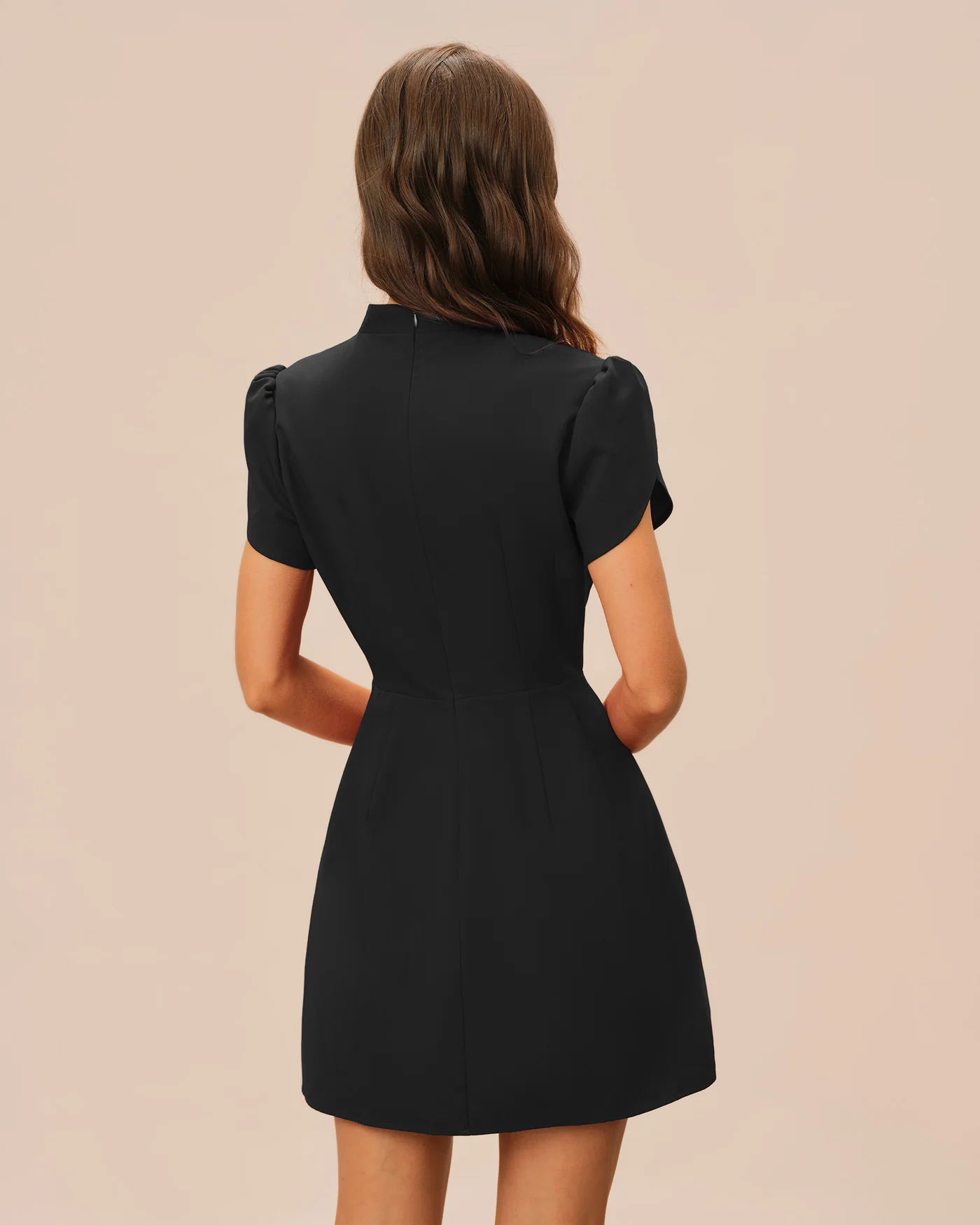 Black Mandarin Collar Petal Sleeve Mini Dress - Image 4