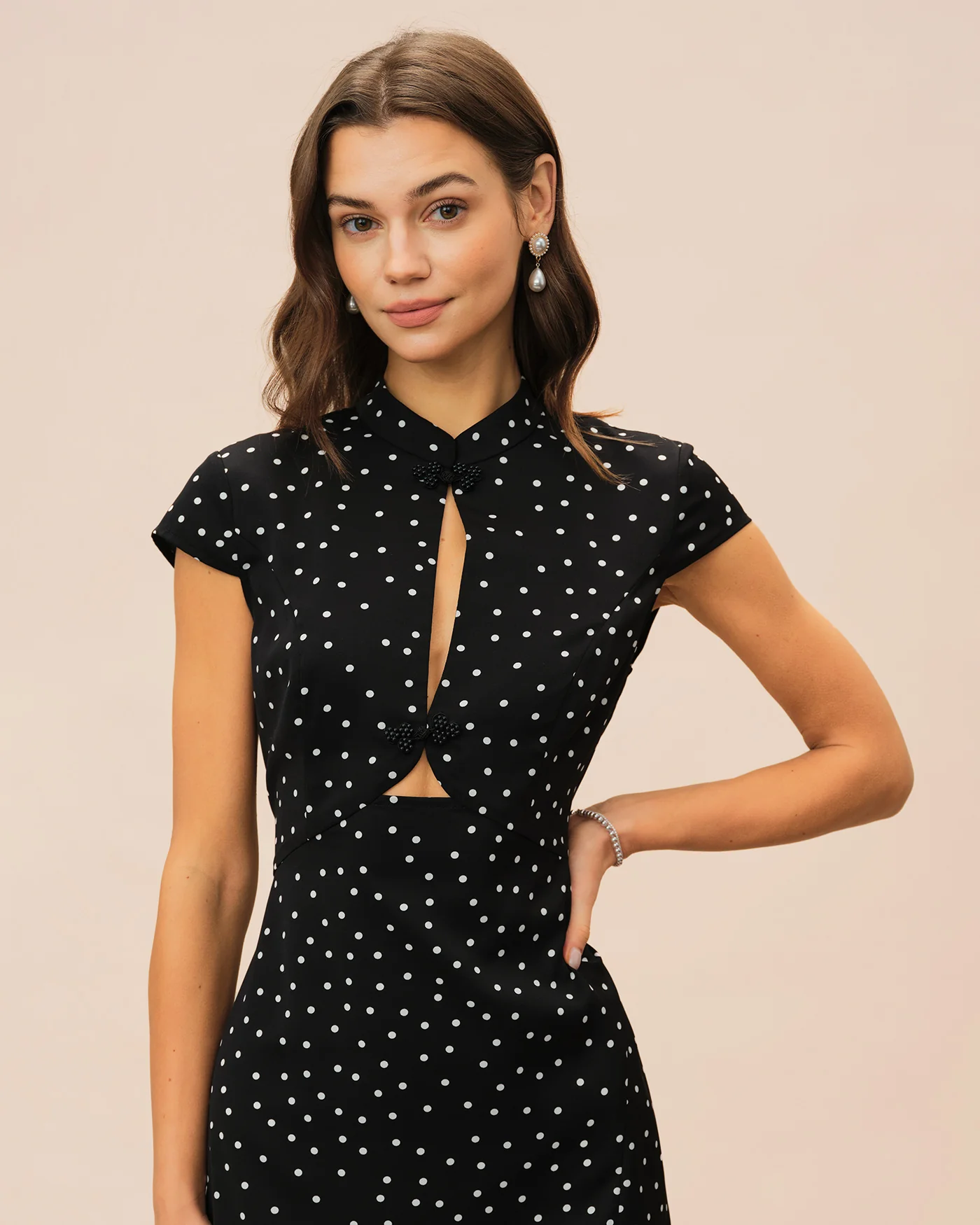 Black Mandarin Collar Polka Dot Midi Dress - Image 3
