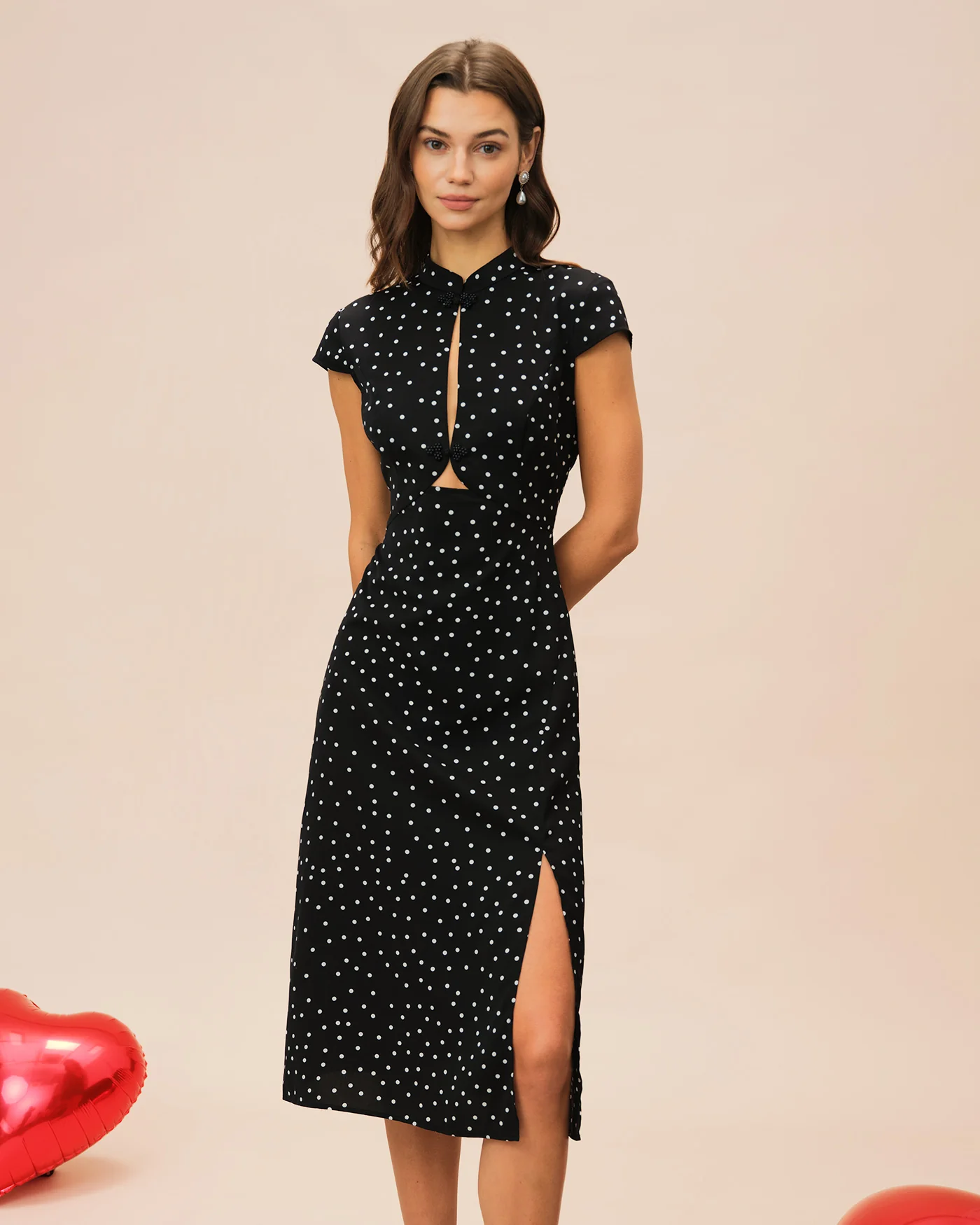 Black Mandarin Collar Polka Dot Midi Dress - Image 4