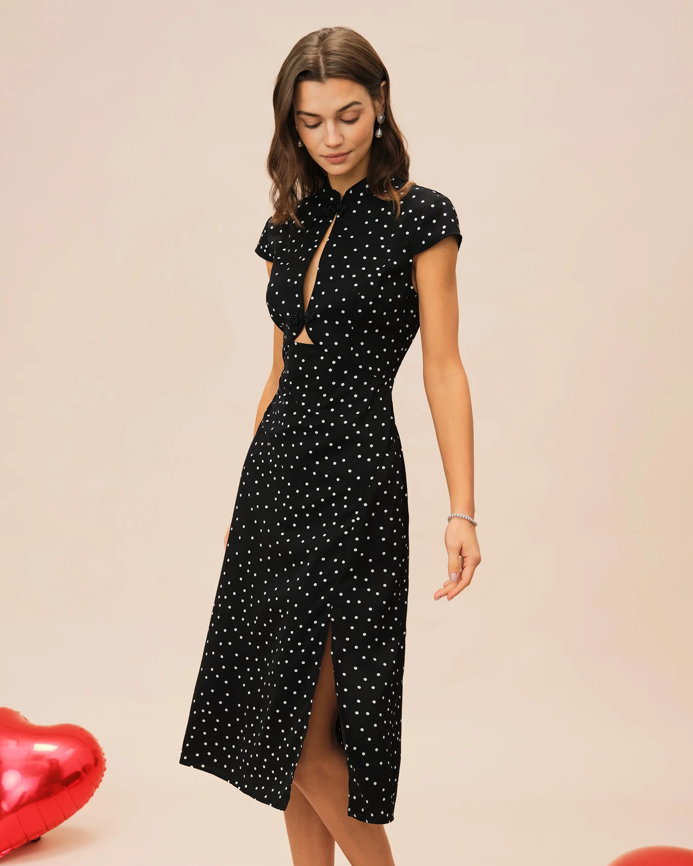 Black Mandarin Collar Polka Dot Midi Dress - Image 5