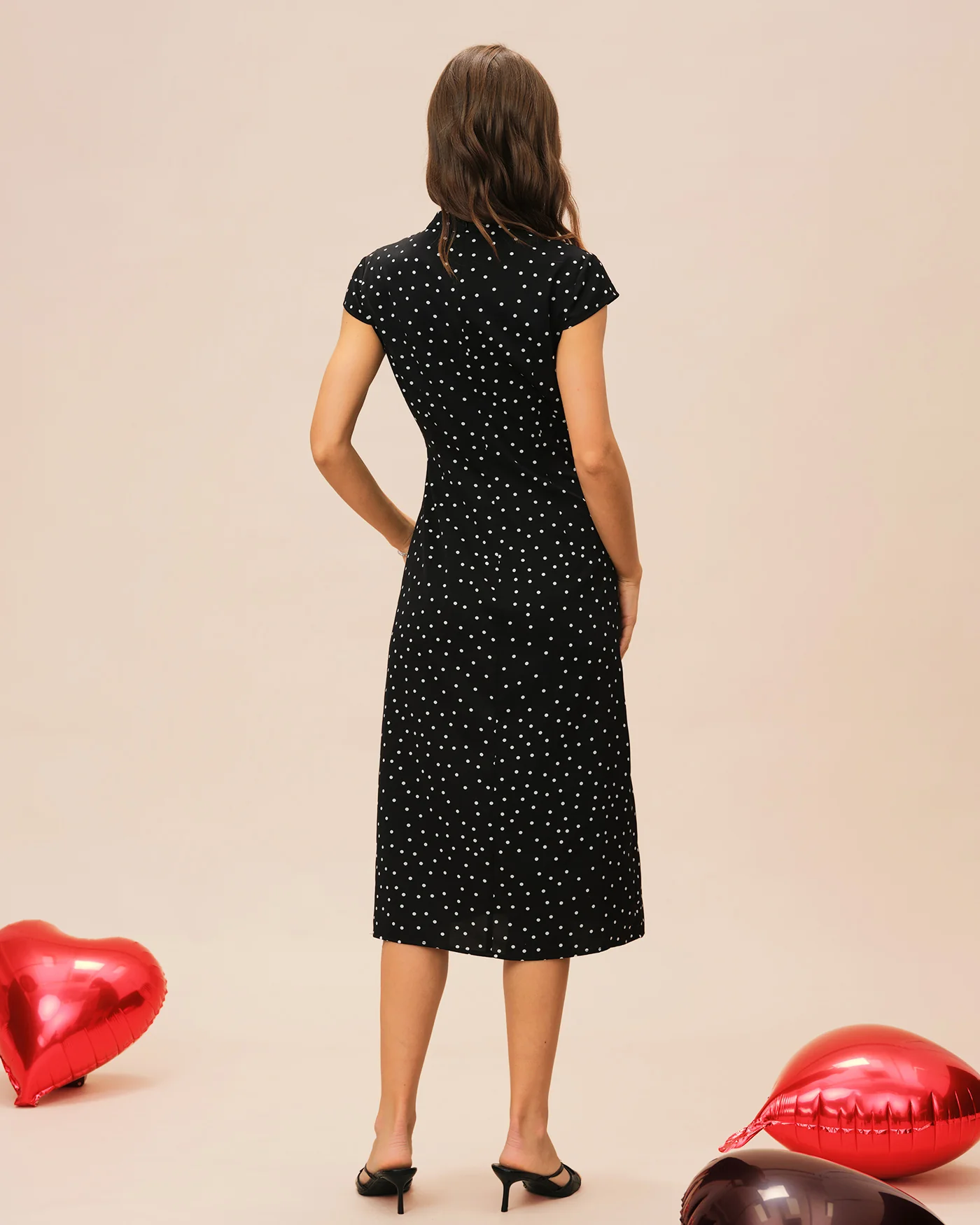 Black Mandarin Collar Polka Dot Midi Dress - Image 6