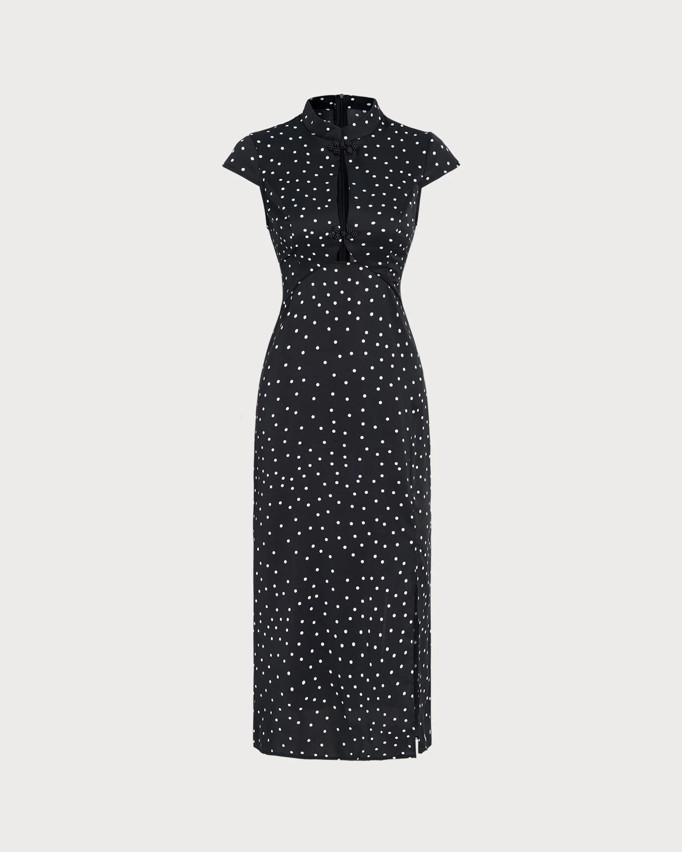 Black Mandarin Collar Polka Dot Midi Dress - Image 7