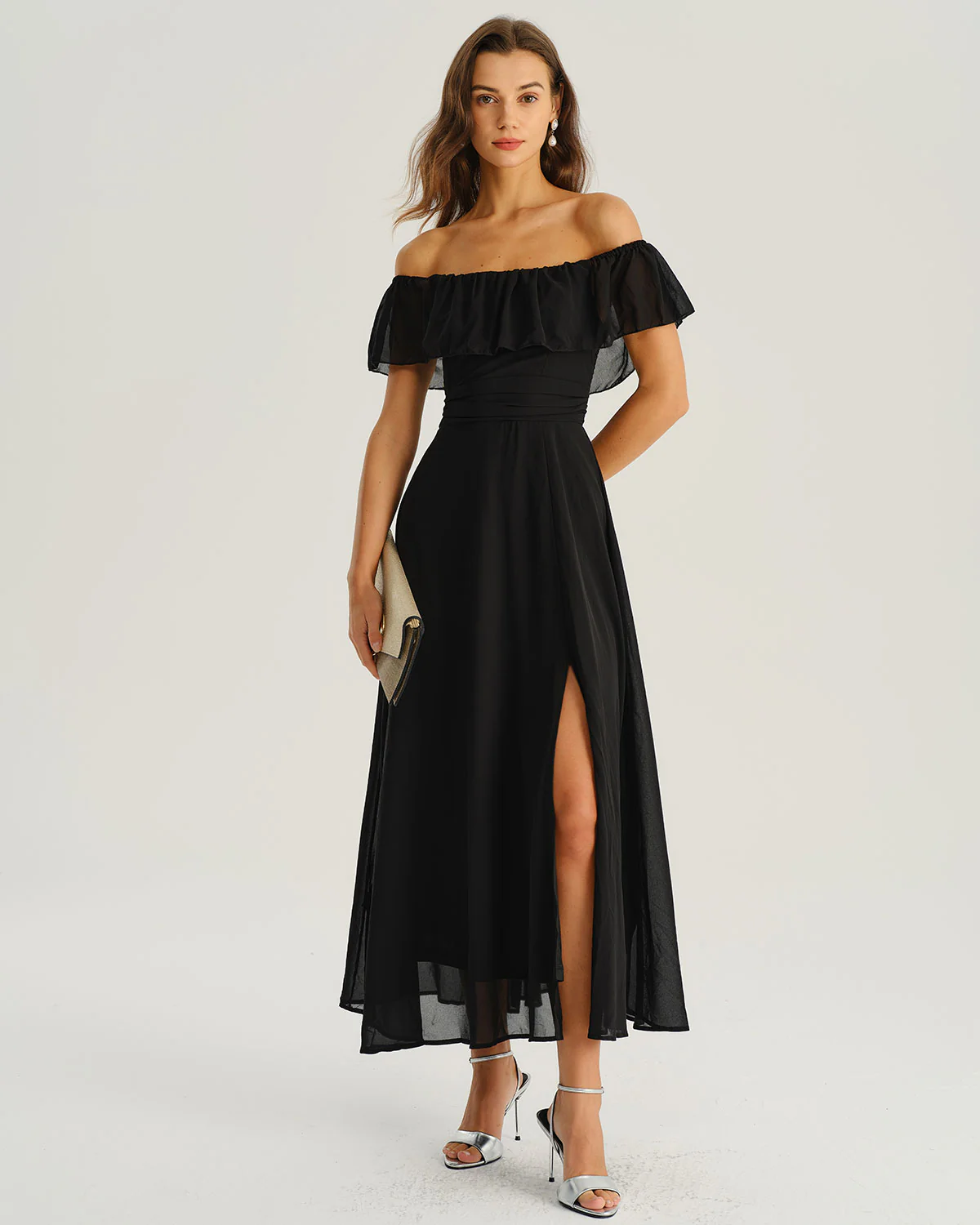 Black Off The Shoulder A-Line Maxi Dress - Image 4