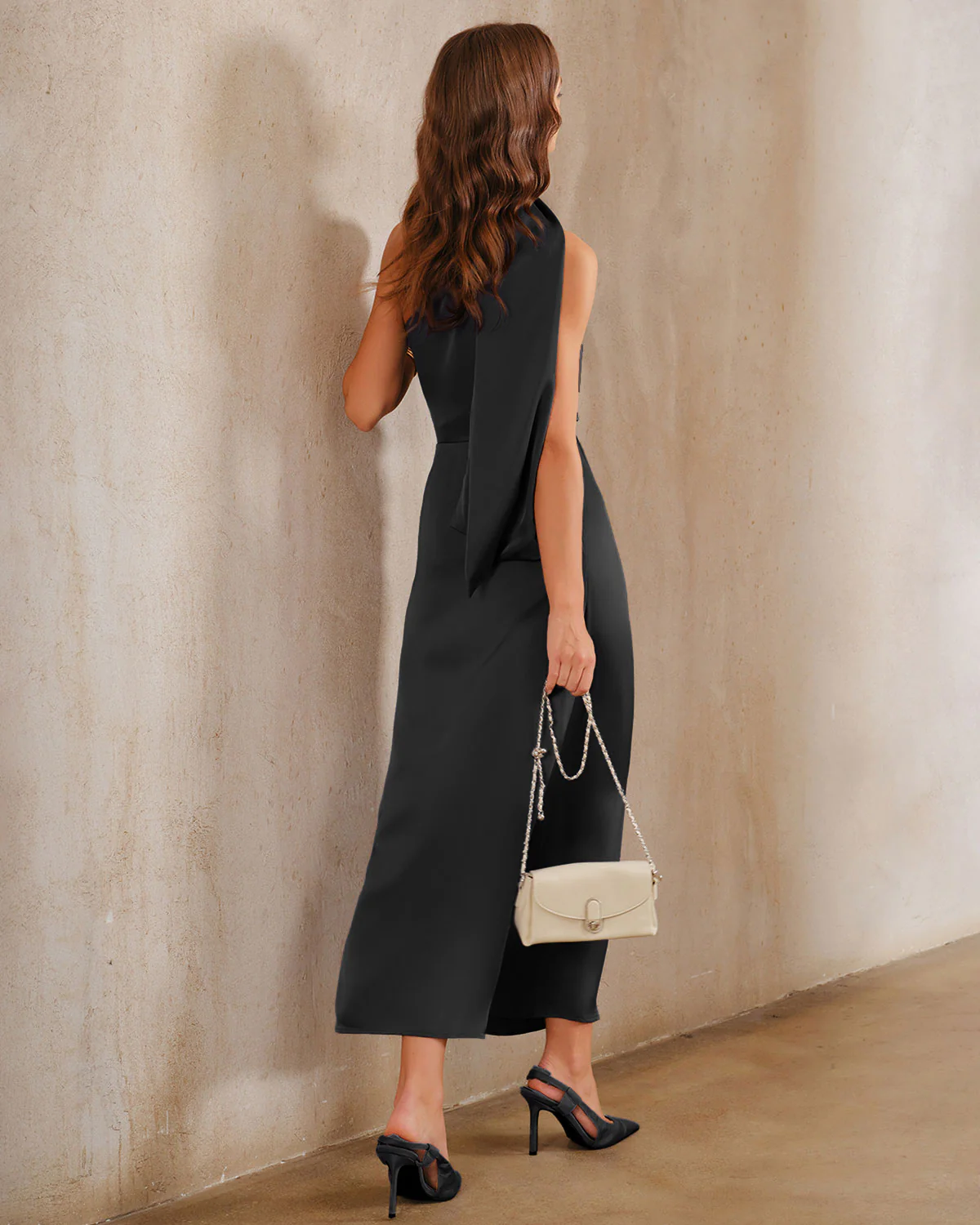 Black One Shoulder A-Line Maxi Dress - Image 5