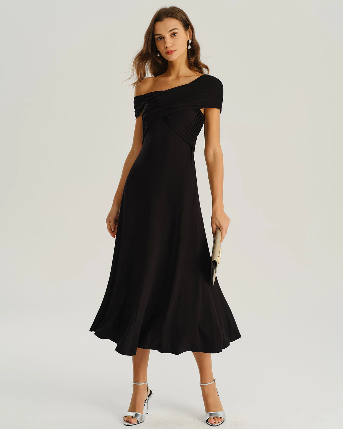 Black One Shoulder A-Line Midi Dress - Image 4