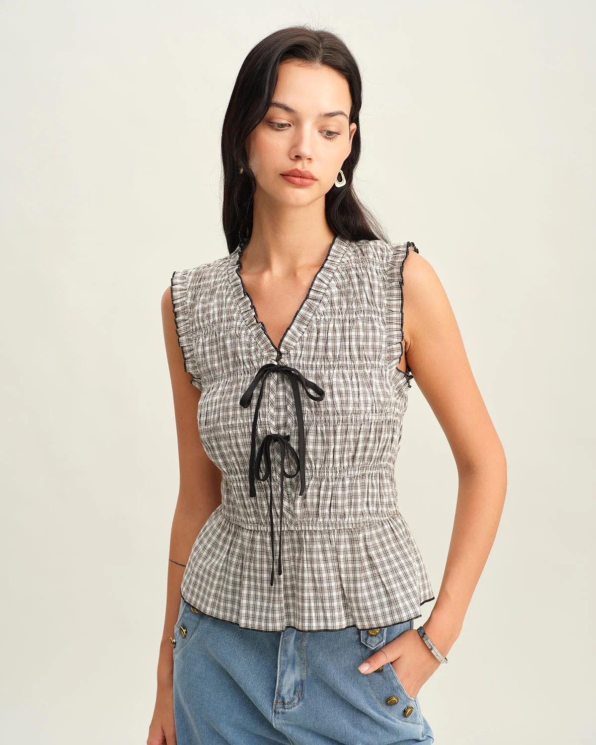 Black Plaid Bowknot Tank Top - Image 3