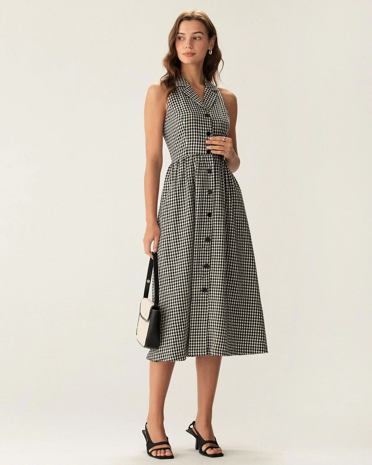Black Plaid Sleeveless Button Midi Dress - Image 3