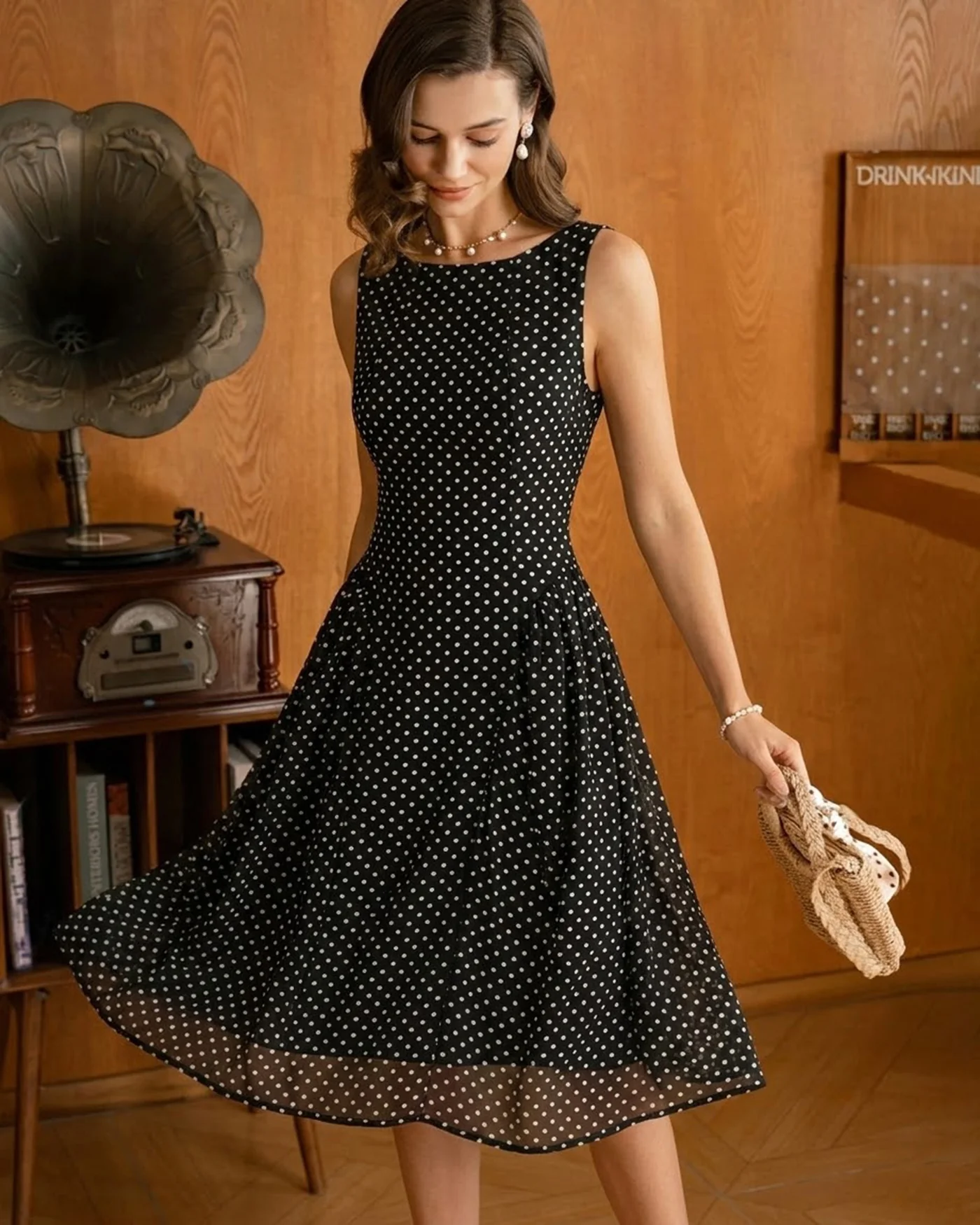 Black Polka Dot Chiffon Midi Dress - Image 3