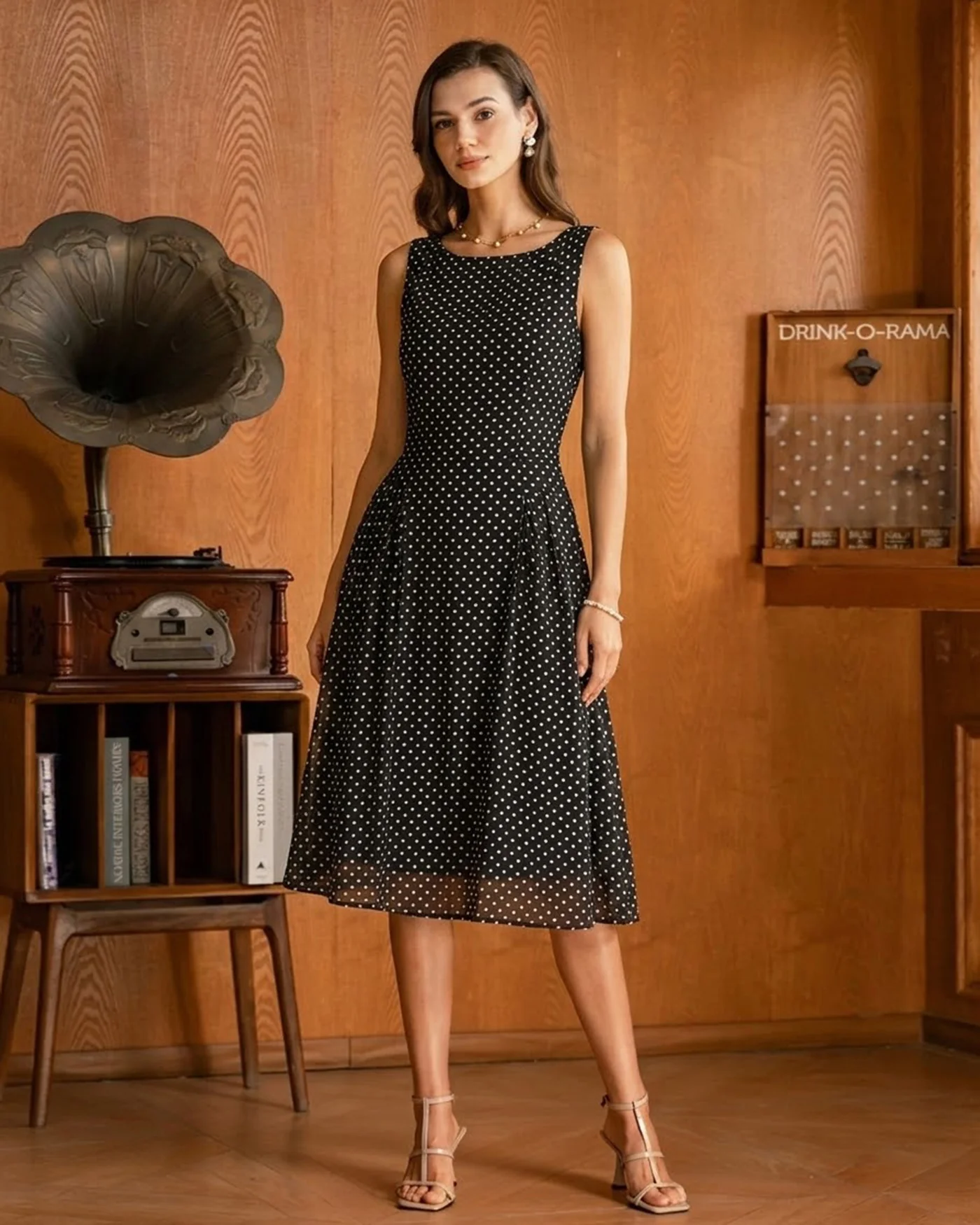 Black Polka Dot Chiffon Midi Dress - Image 4