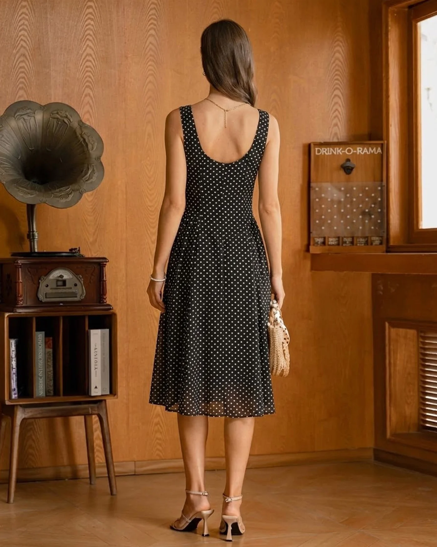 Black Polka Dot Chiffon Midi Dress - Image 5