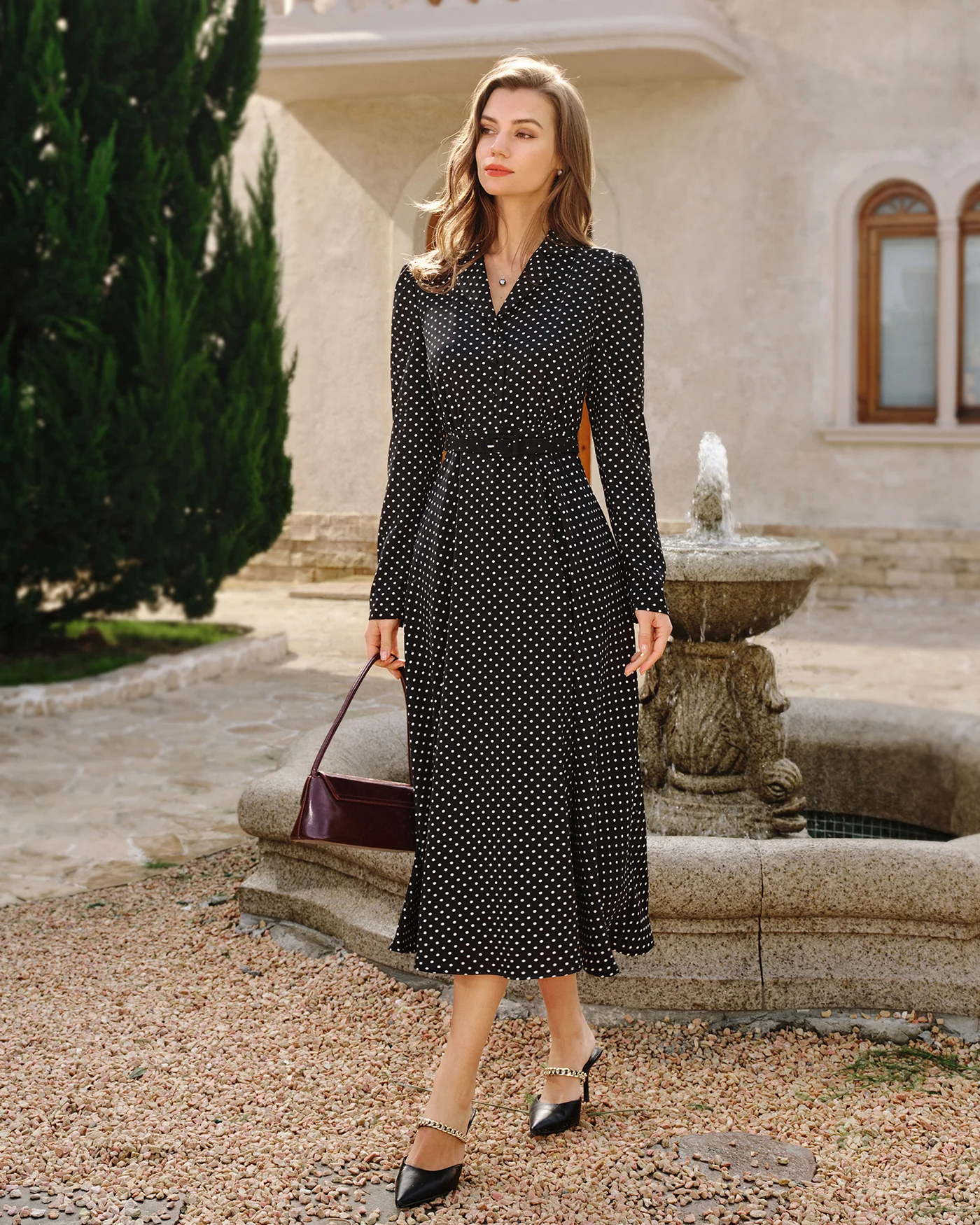 Black Polka Dot Collar Midi Dress - Image 2