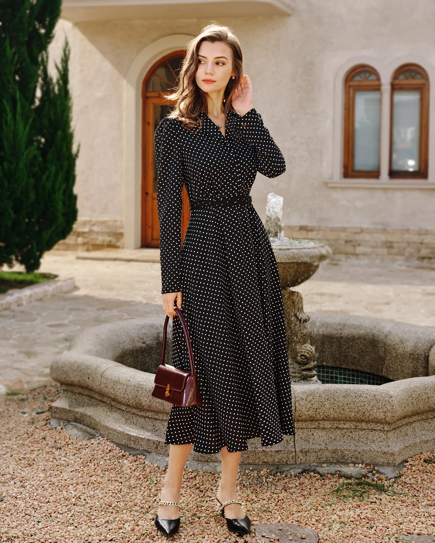 Black Polka Dot Collar Midi Dress - Image 5