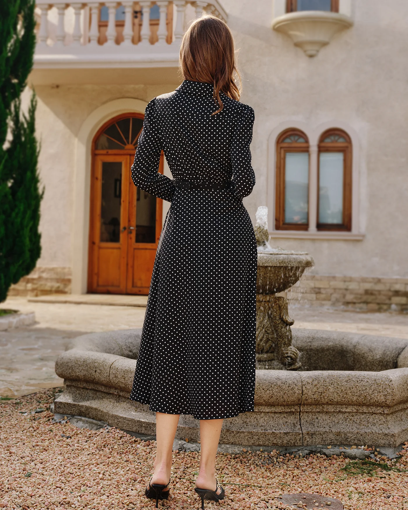 Black Polka Dot Collar Midi Dress - Image 7