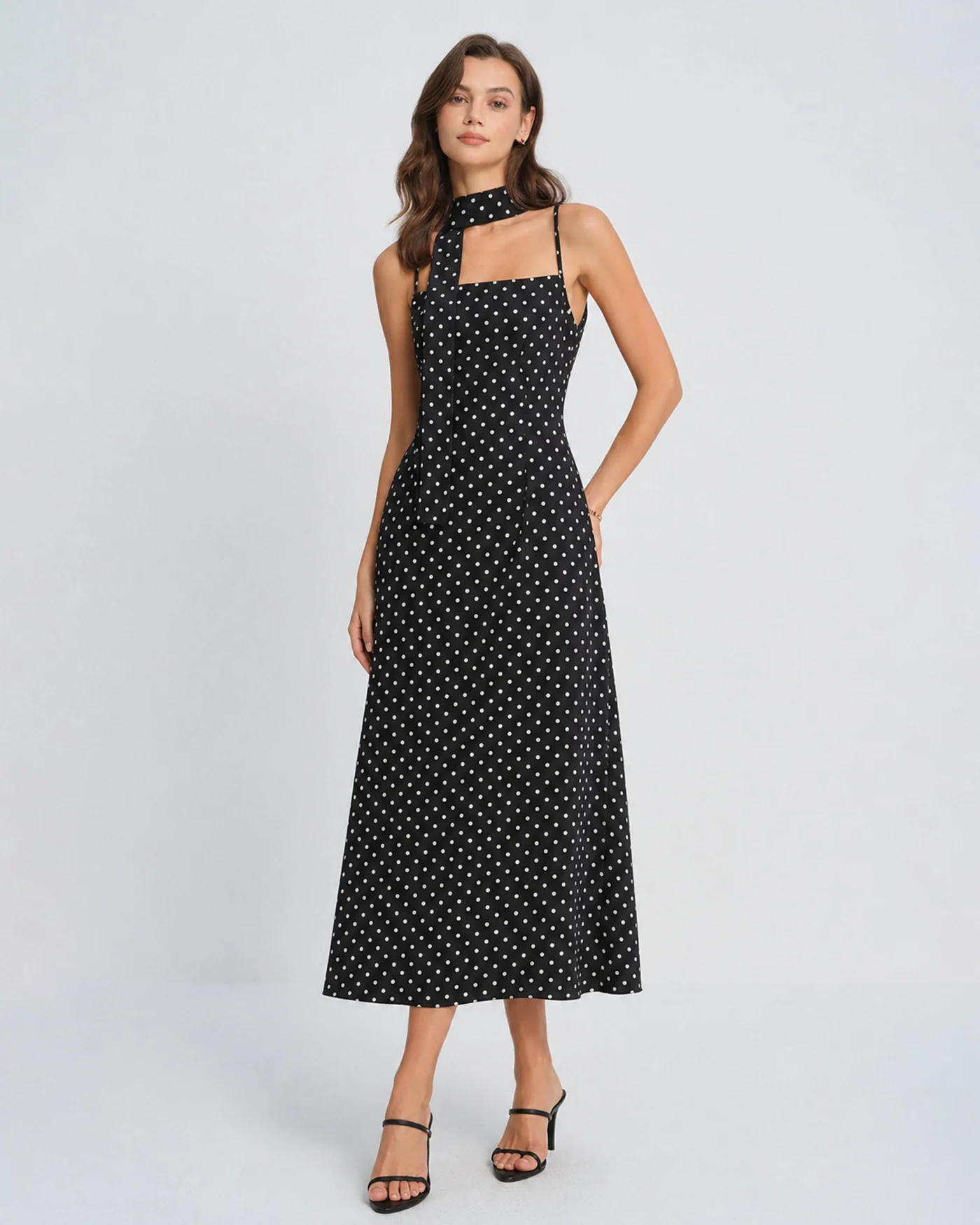 Black Polka Dot Cowl Neck Slip Maxi Dress - Image 3