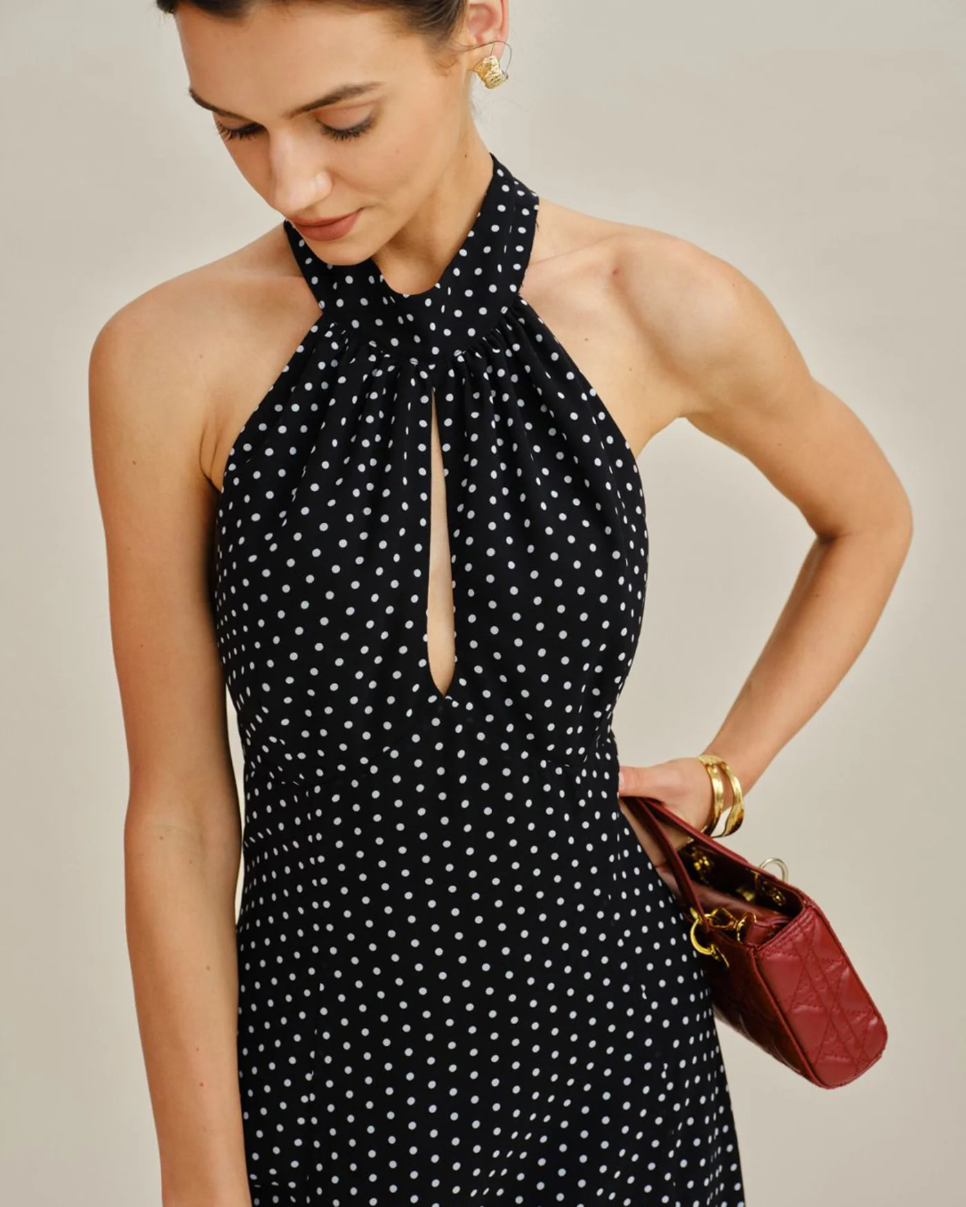 Black Polka Dot Halter Midi Dress - Image 2