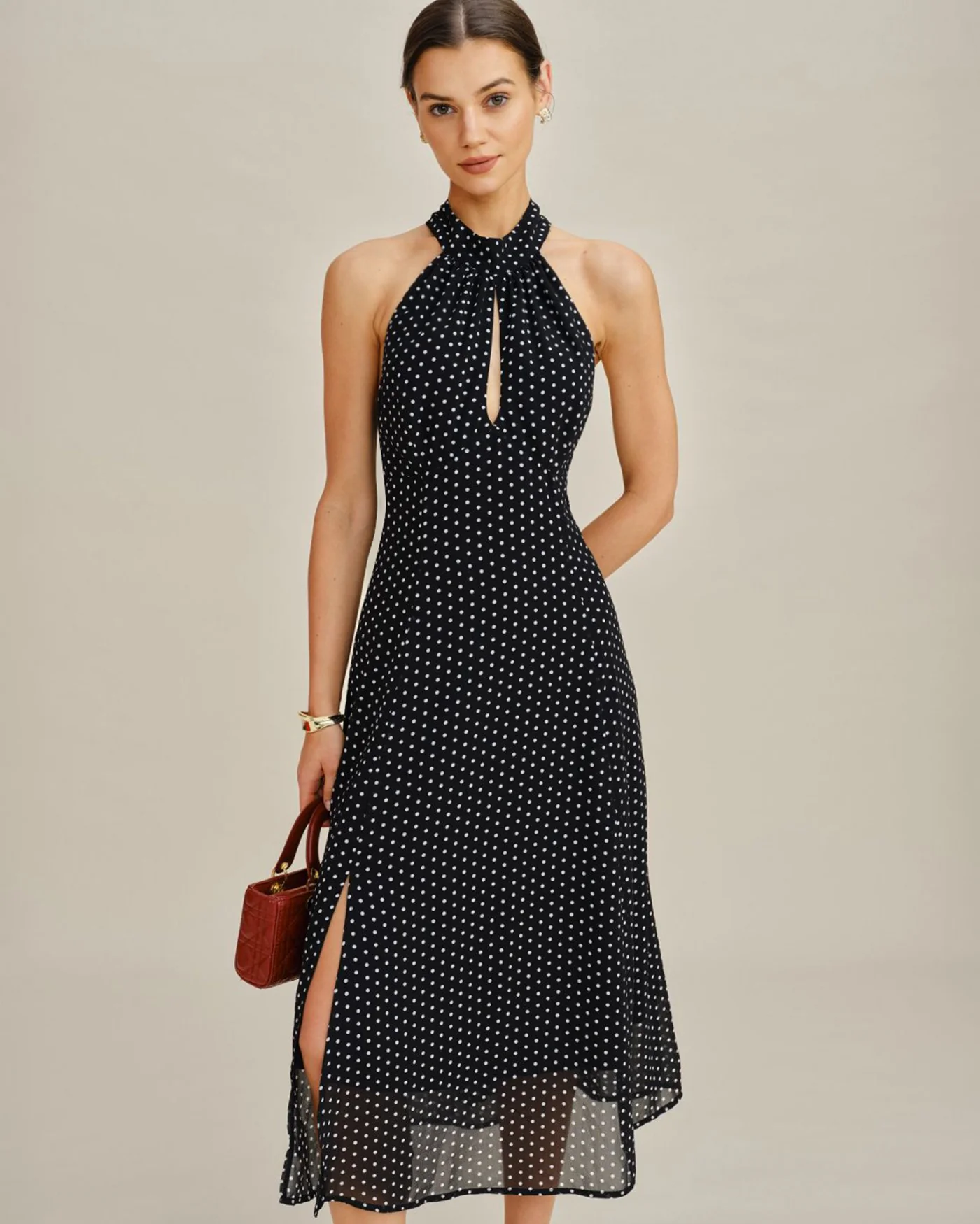 Black Polka Dot Halter Midi Dress - Image 3