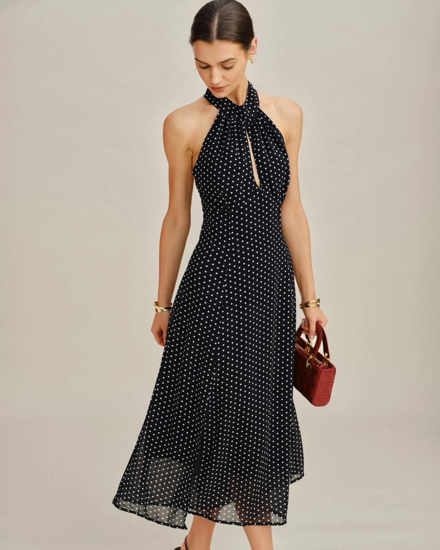 Black Polka Dot Halter Midi Dress - Image 4