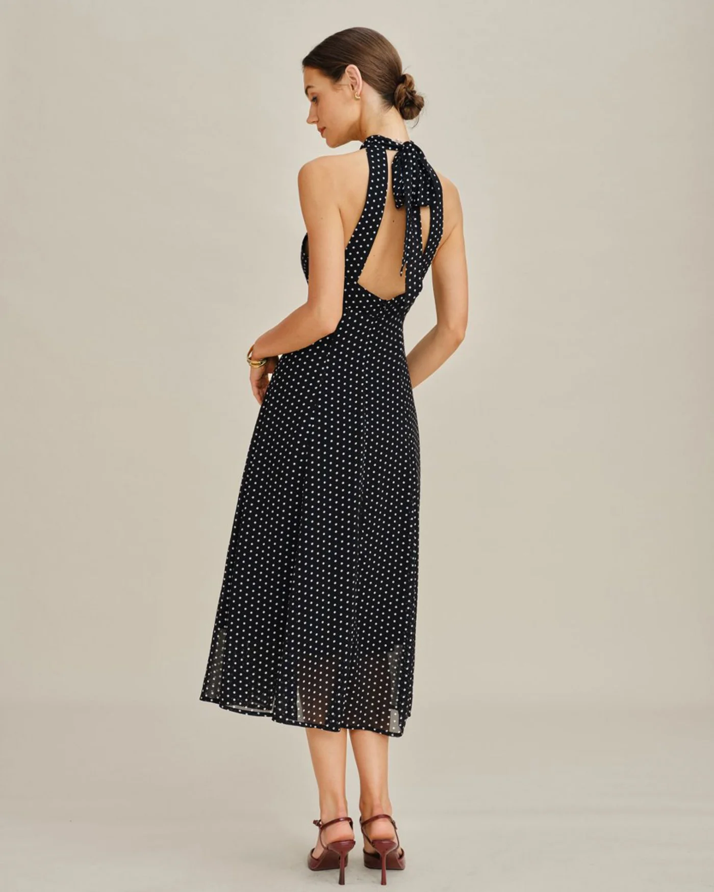 Black Polka Dot Halter Midi Dress - Image 5
