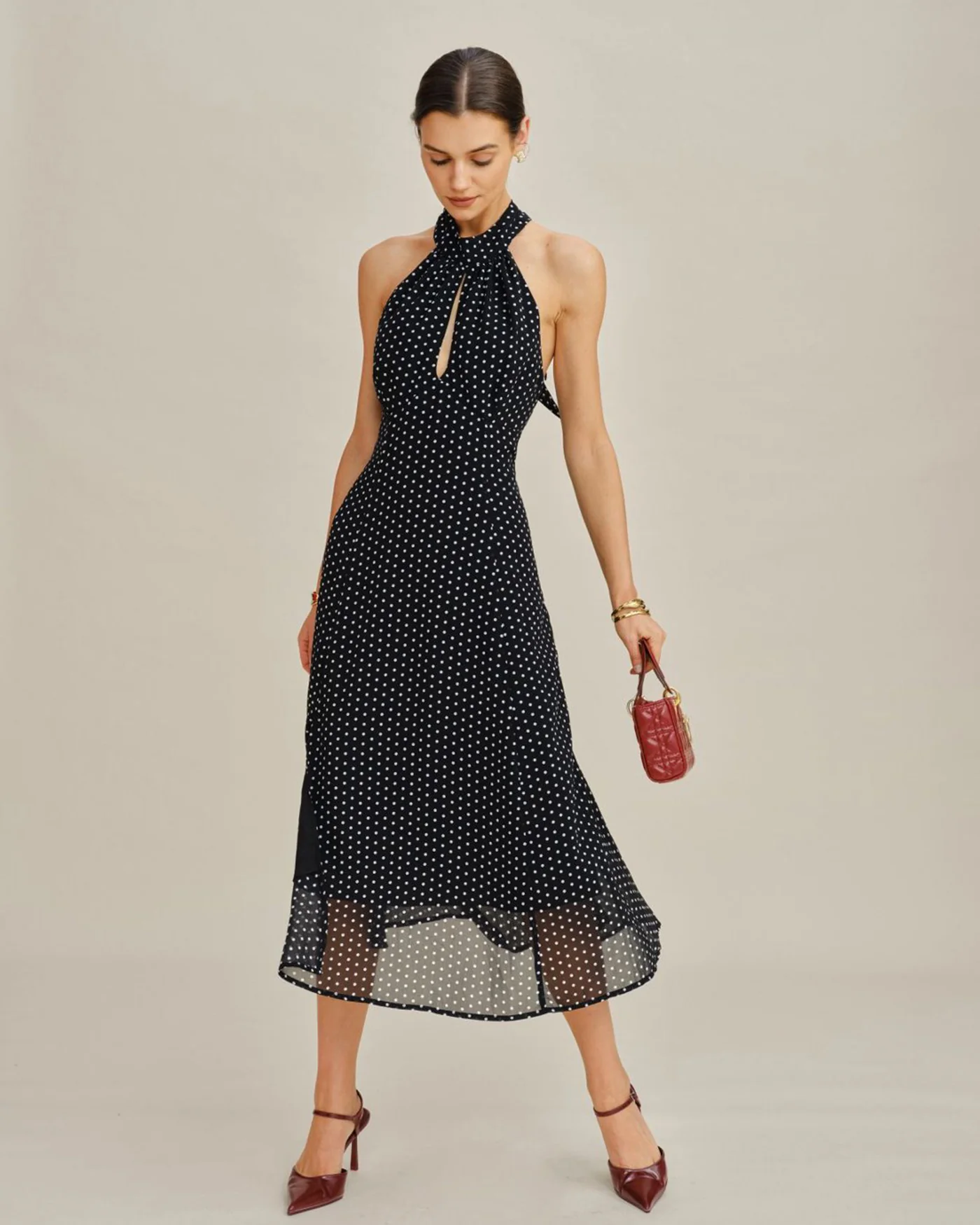 Black Polka Dot Halter Midi Dress - Image 6