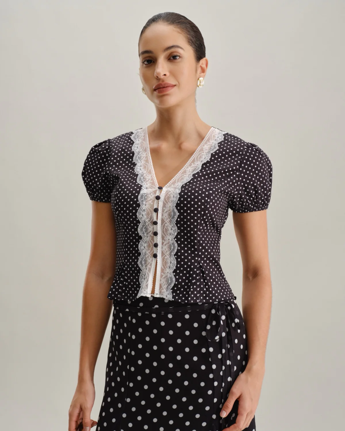 Black Polka Dot Lace Trim Blouse - Image 4