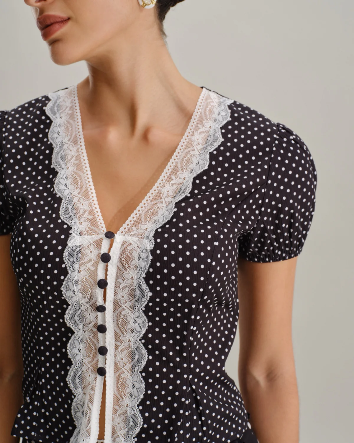 Black Polka Dot Lace Trim Blouse - Image 5