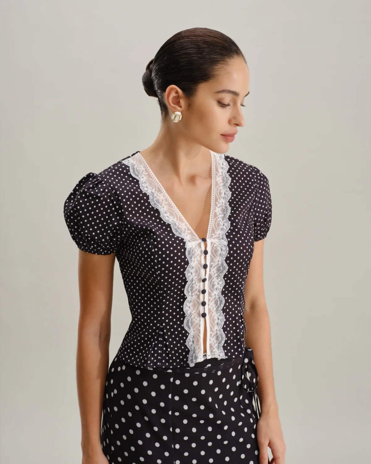 Black Polka Dot Lace Trim Blouse - Image 6